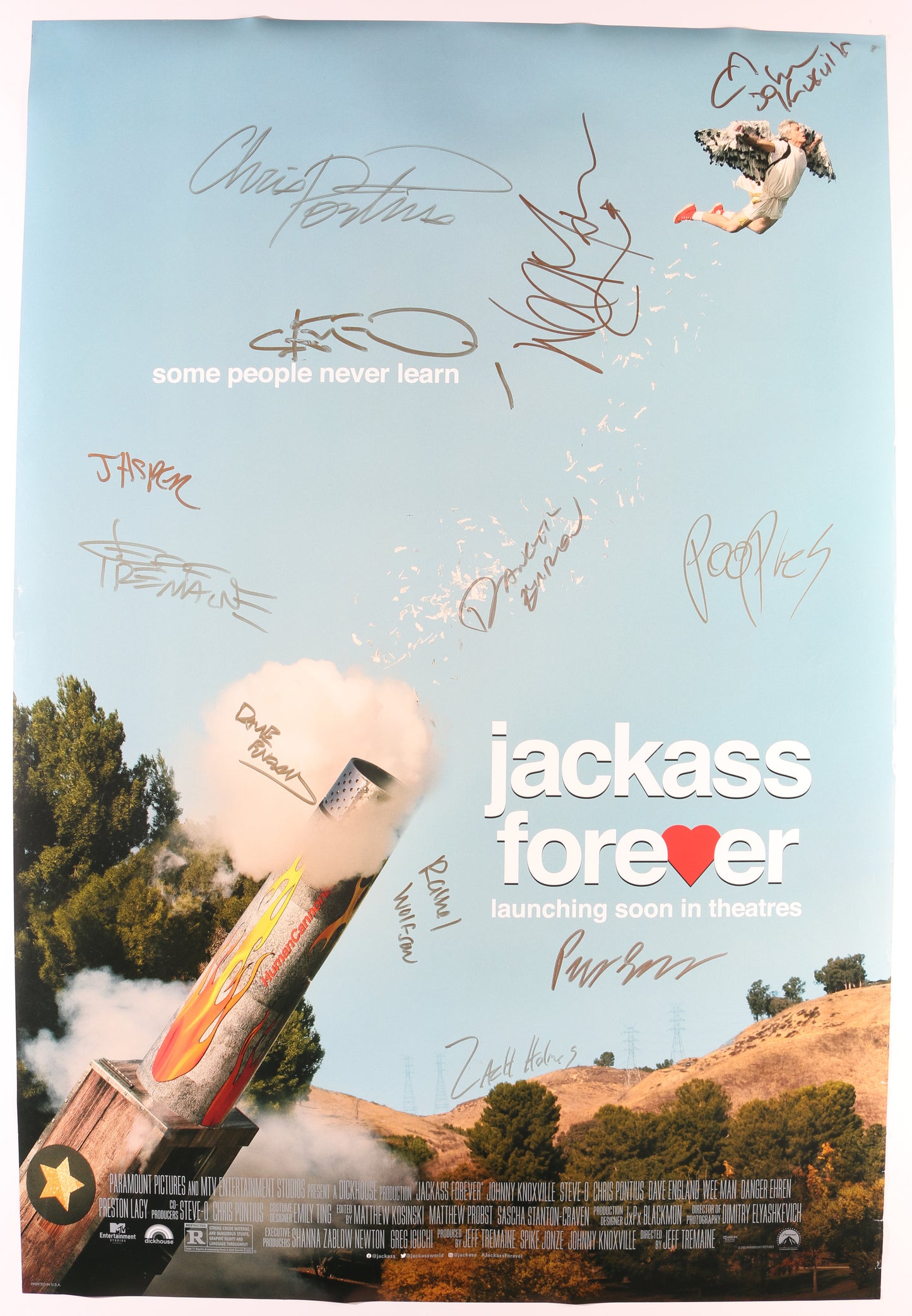 
                  
                    Jackass Forever 27x40 Poster Cast Signed by Johnny Knoxville, Jeff Tremaine, Jason Acuña, Steve-O, Chris Pontius, Dave England, Ehren McGhehey, Preston Lacy, Davon Wilson, Zach Holmes, Rachel Wolfson, & Sean McInerney
                  
                