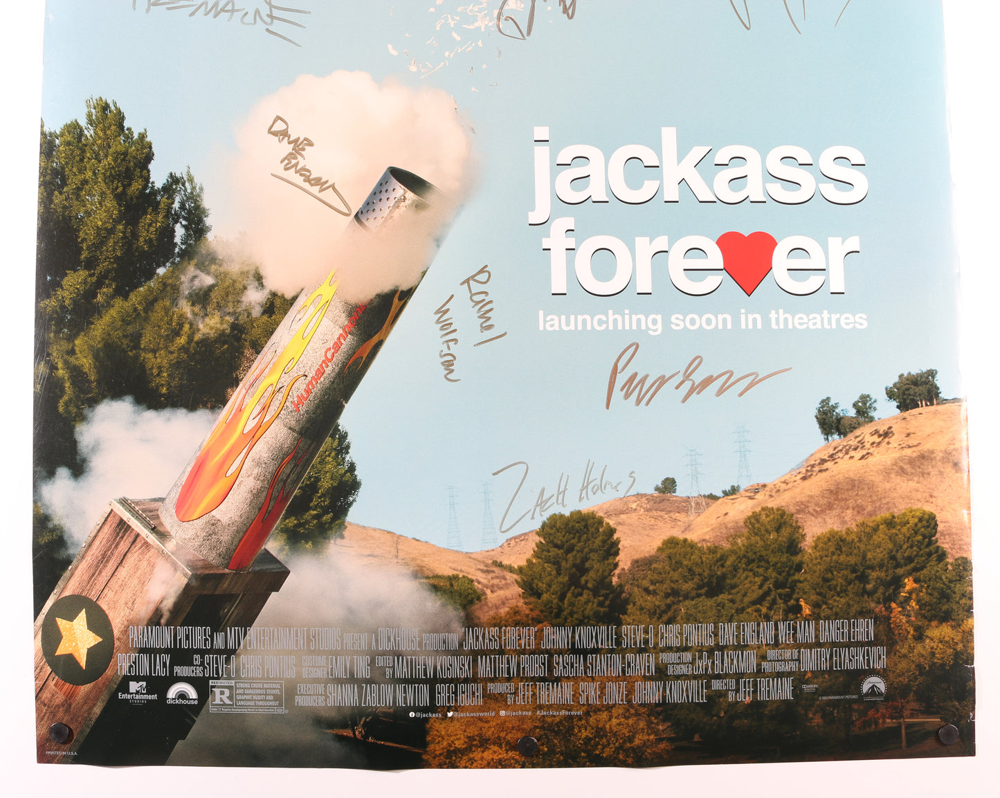 
                  
                    Jackass Forever 27x40 Poster Cast Signed by Johnny Knoxville, Jeff Tremaine, Jason Acuña, Steve-O, Chris Pontius, Dave England, Ehren McGhehey, Preston Lacy, Davon Wilson, Zach Holmes, Rachel Wolfson, & Sean McInerney
                  
                