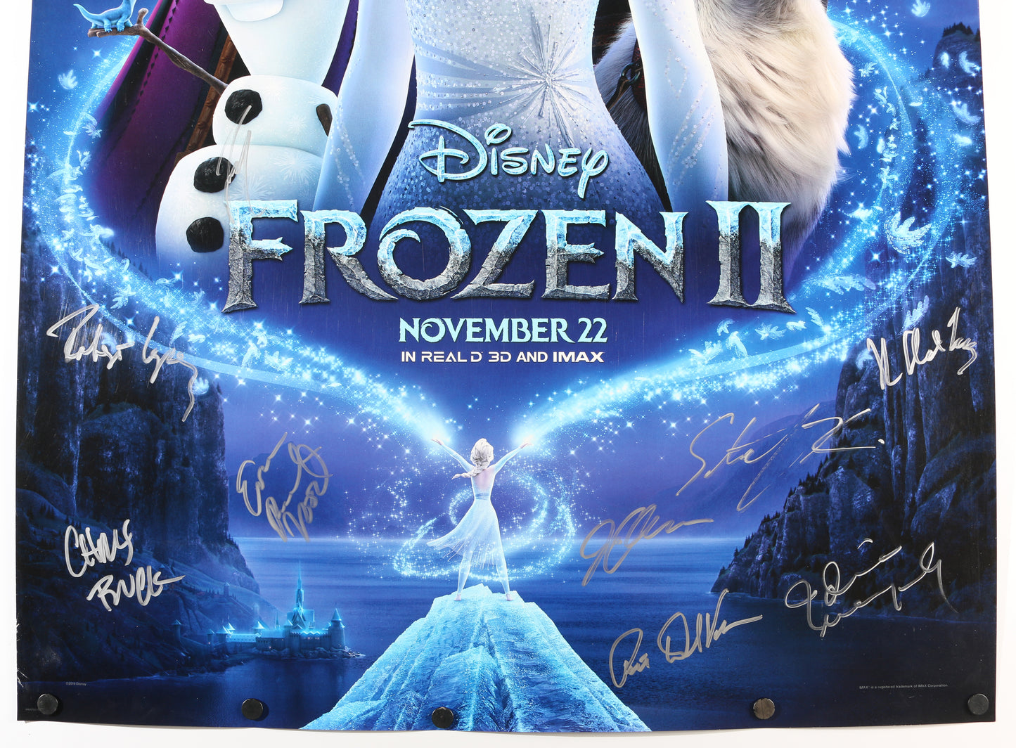 
                  
                    Disney's Frozen II 27x40 Poster Cast Signed by Kristen Bell, Idina Menzel, Josh Gad, Jonathan Groff, Sterling K. Brown, Evan Rachel Wood, Chris Buck, Jennifer Lee, Peter Del Vecho, Robert Lopez, & Kristen Anderson-Lopez
                  
                