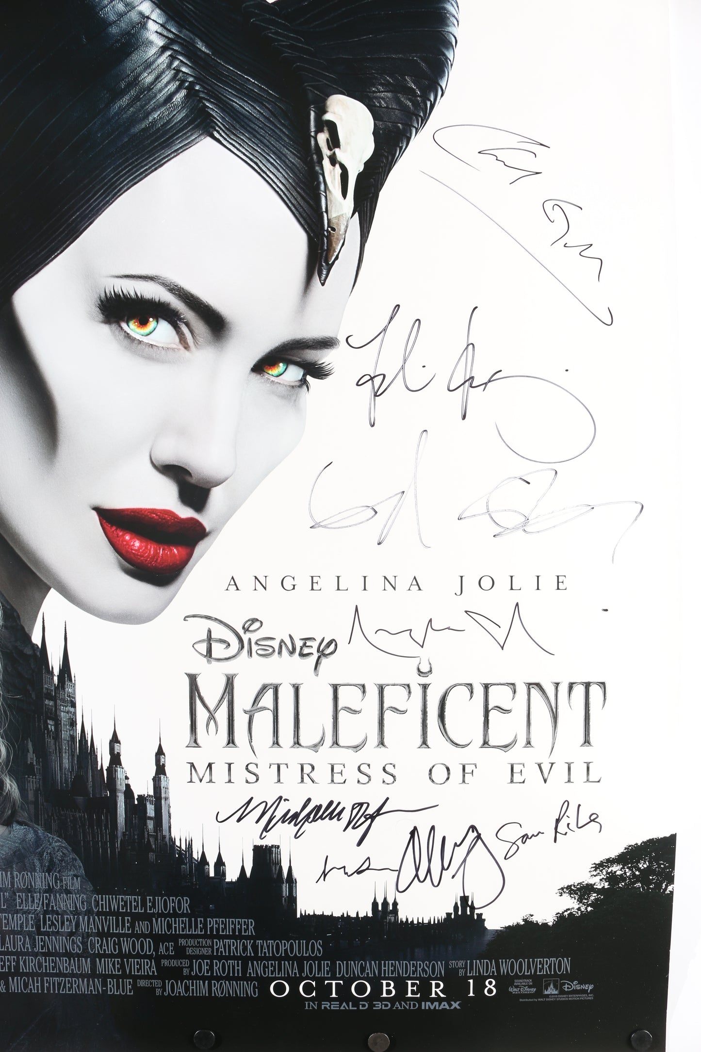 
                  
                    Disney's Maleficent: Mistress of Evil 27x40 Poster Signed by Angelina Jolie, Elle Fanning, Michelle Pfeiffer, Chiwetel Ejiofor, Sam Riley, Ed Skrein, Harris Dickinson, & Joachim Rønning
                  
                