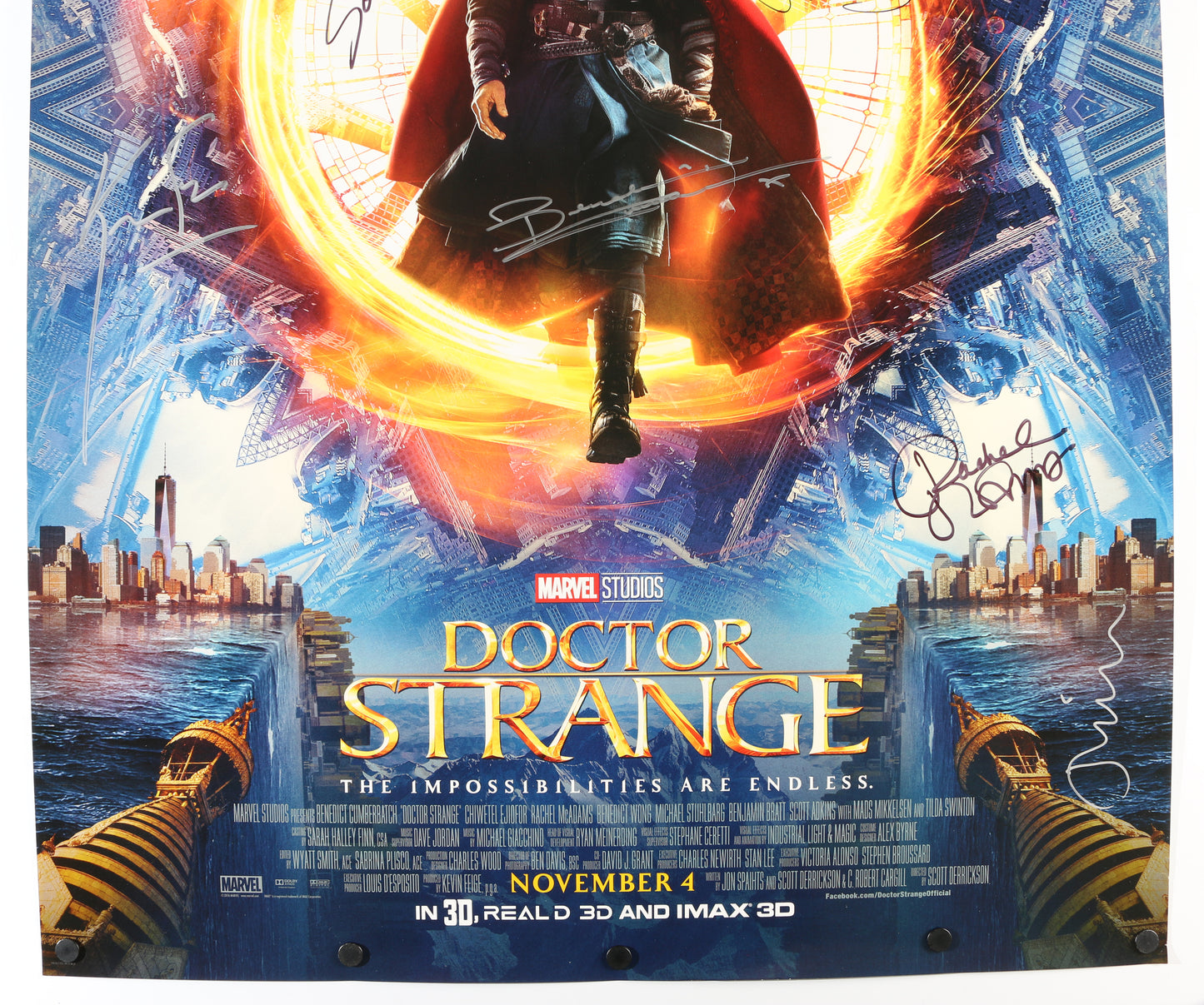 
                  
                    Doctor Strange 27x40 Poster Cast Signed by Benedict Cumberbatch, Rachel McAdams, Benedict Wong, Mads Mikkelsen, Tilda Swinton, Producer: Kevin Feige, & Director: Scott Derrickson
                  
                