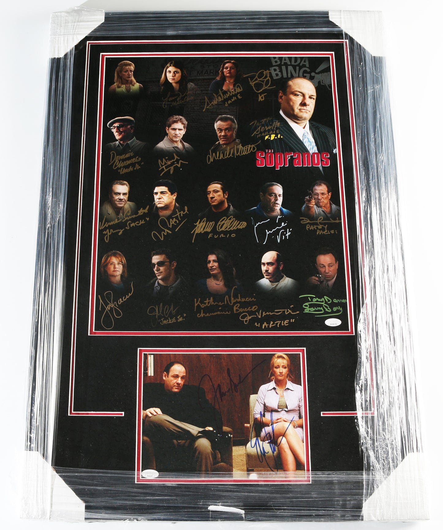 
                  
                    The Sopranos Framed Display Cast Signed by James Gandolfini, Edie Falco, Lorraine Bracco, Michael Imperioli, Jamie-Lynn Sigler, Robert Iler, Vincent Pastore, Drea de Matteo, Federico Castelluccio, Kathrine Narducci, Joseph R. Gannascoli, & More
                  
                