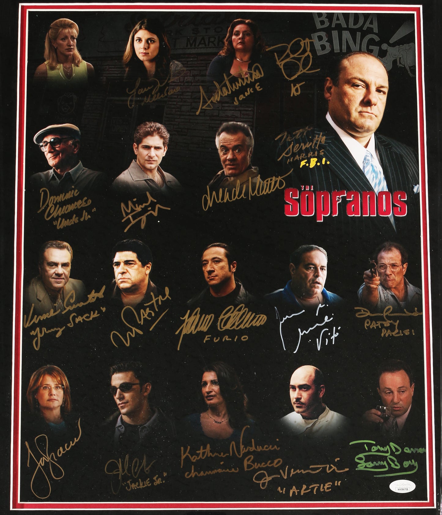 
                  
                    The Sopranos Framed Display Cast Signed by James Gandolfini, Edie Falco, Lorraine Bracco, Michael Imperioli, Jamie-Lynn Sigler, Robert Iler, Vincent Pastore, Drea de Matteo, Federico Castelluccio, Kathrine Narducci, Joseph R. Gannascoli, & More
                  
                