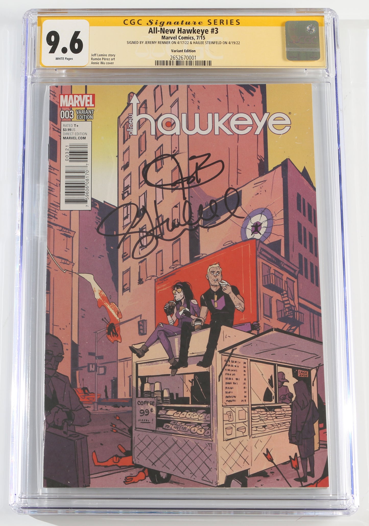 
                  
                    All-New Hawkeye #3 - Signed by Jeremy Renner as Clint Barton & Hailee Steinfeld as Kate Bishop in Hawkeye (CGC Signature Series 9.6) 2015
                  
                
