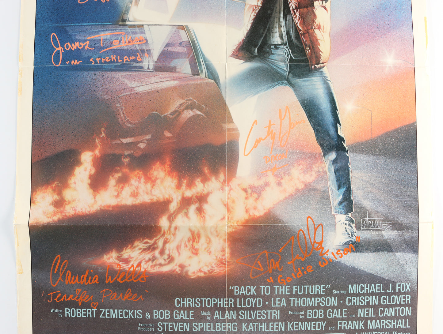 
                  
                    Back to the Future 27x41 Poster Cast Signed by Michael J. Fox, Christopher Lloyd, Tom Wilson, James Tolkan, Claudia Wells, Donald Fullilove, & Courtney Gains with Character Names
                  
                