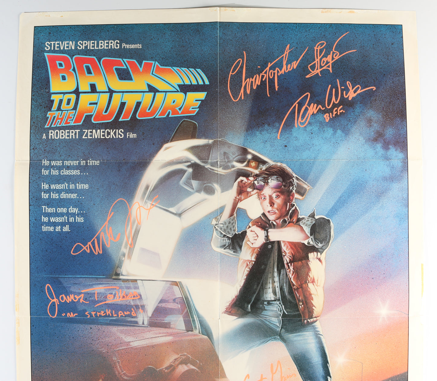 
                  
                    Back to the Future 27x41 Poster Cast Signed by Michael J. Fox, Christopher Lloyd, Tom Wilson, James Tolkan, Claudia Wells, Donald Fullilove, & Courtney Gains with Character Names
                  
                