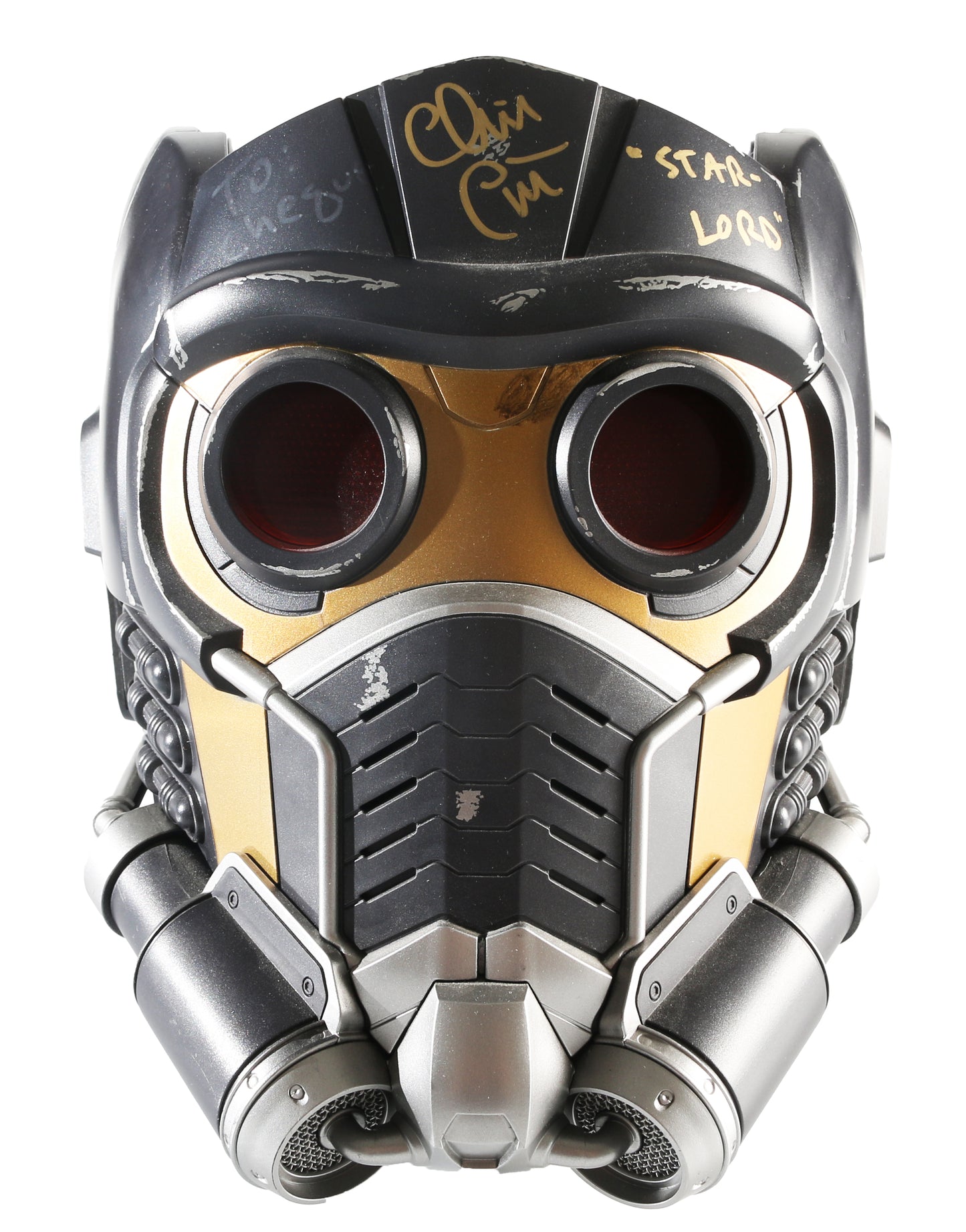 
                  
                    Chris Pratt as Star-Lord in Guardians of the Galaxy (Beckett Witnessed) Signed Hasbro Legends Series Prop Replica Helmet with Character Name
                  
                