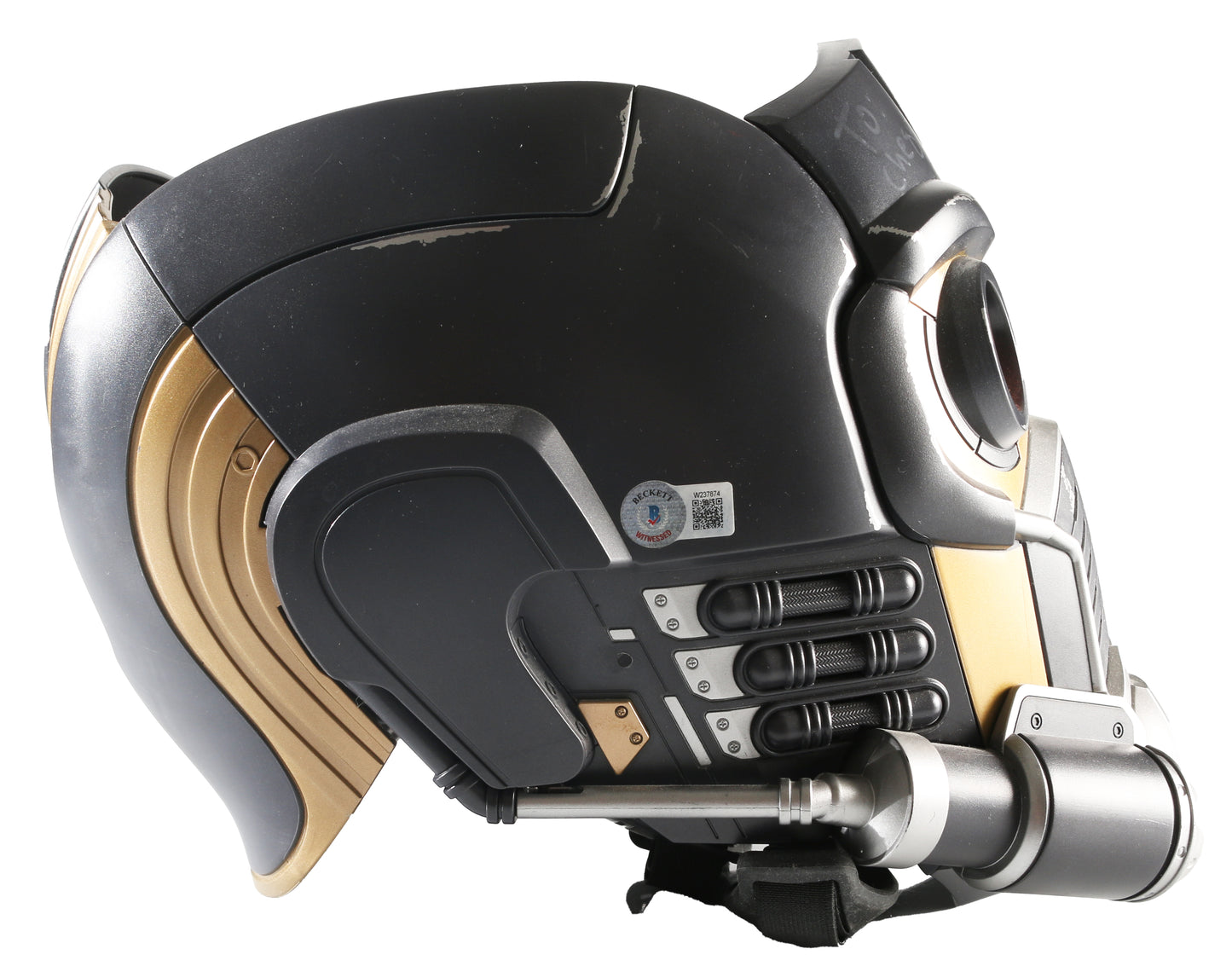
                  
                    Chris Pratt as Star-Lord in Guardians of the Galaxy (Beckett Witnessed) Signed Hasbro Legends Series Prop Replica Helmet with Character Name
                  
                