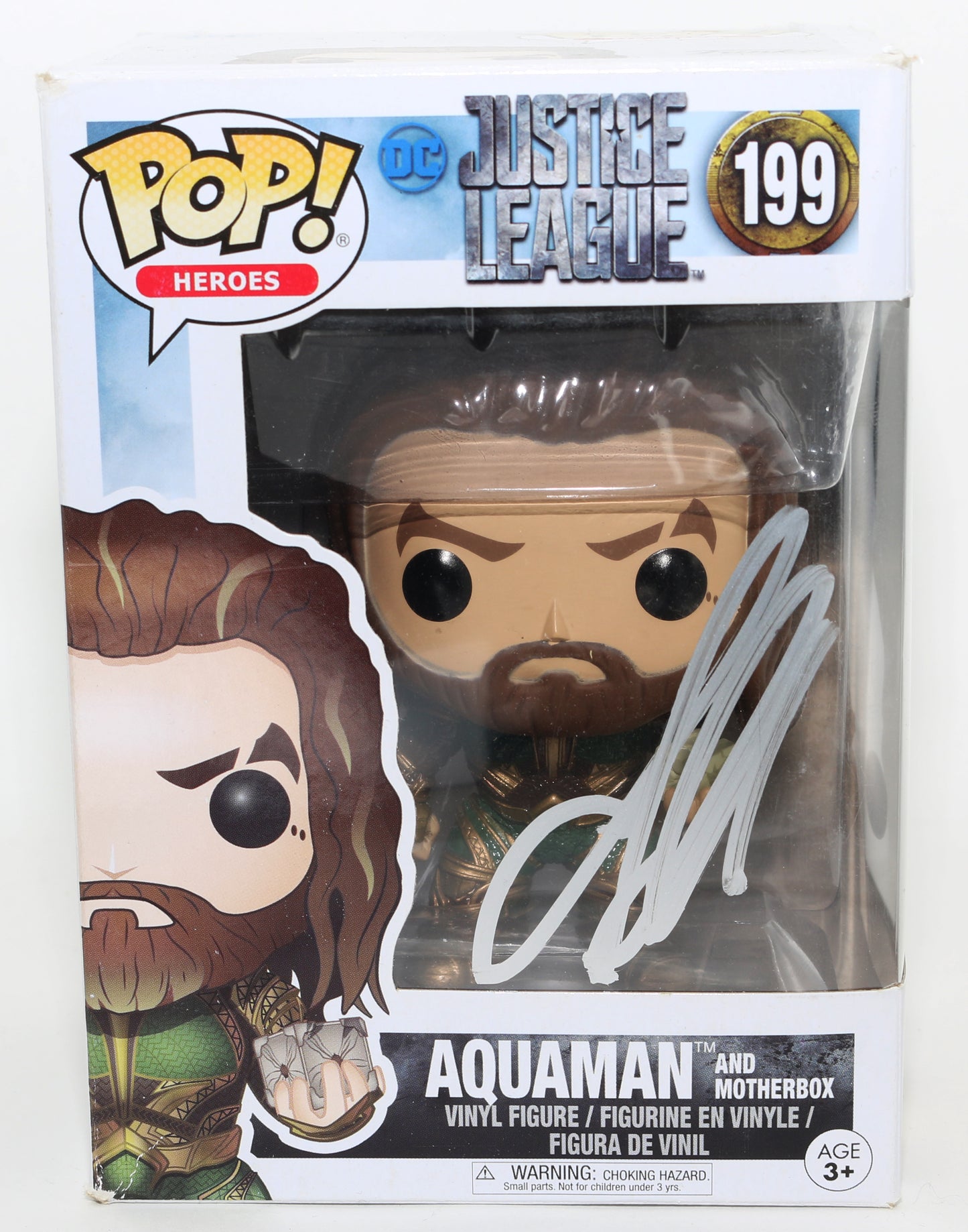 
                  
                    Jason Momoa as Aquaman with Motherbox in Justice League (JSA) Signed Funko POP! #199
                  
                