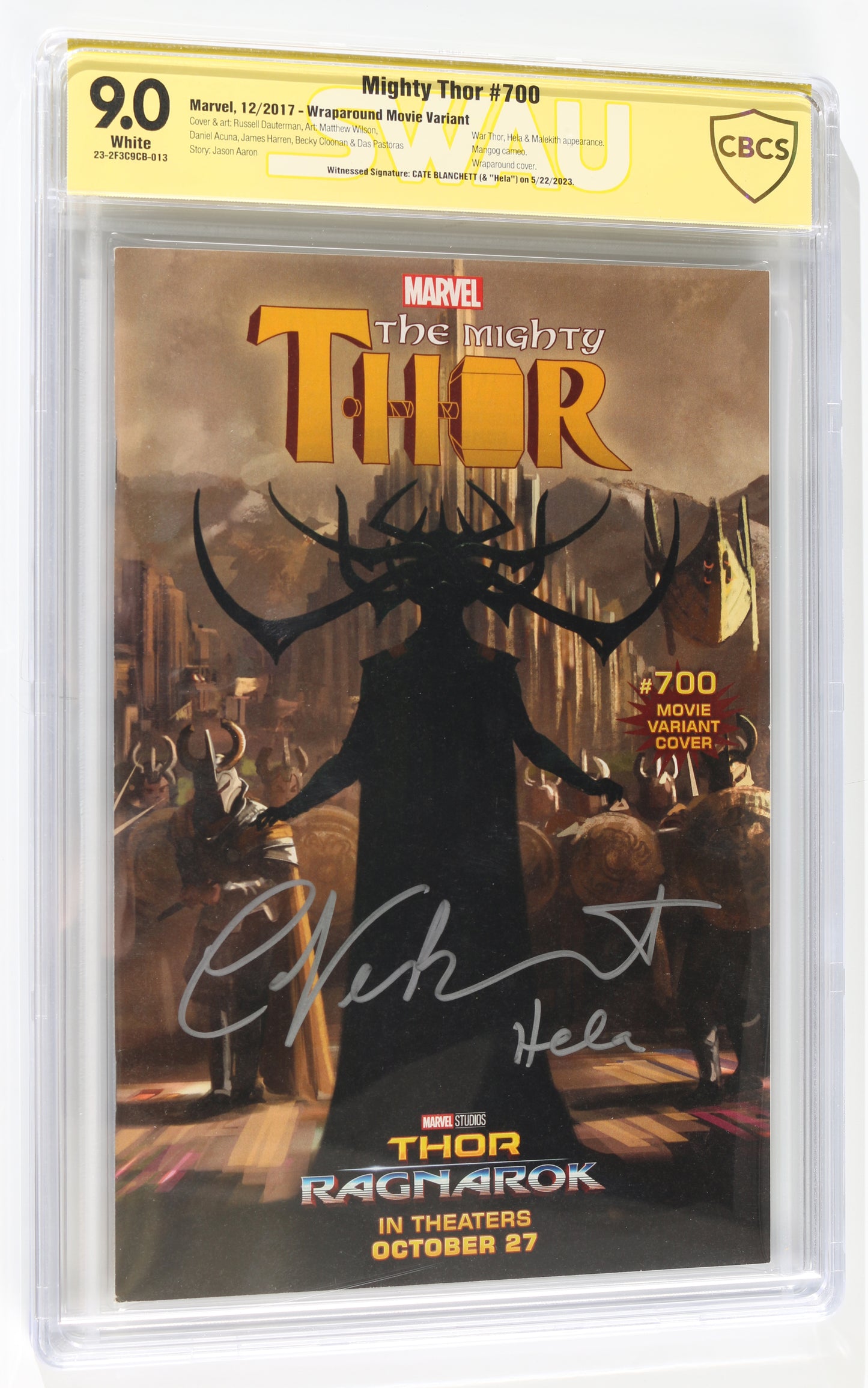 
                  
                    Mighty Thor #700 Movie Cover - Signed by Cate Blanchett as Hela from Thor: Ragnarok (CBCS Signature Series 9.0) 2023 with Character Name
                  
                