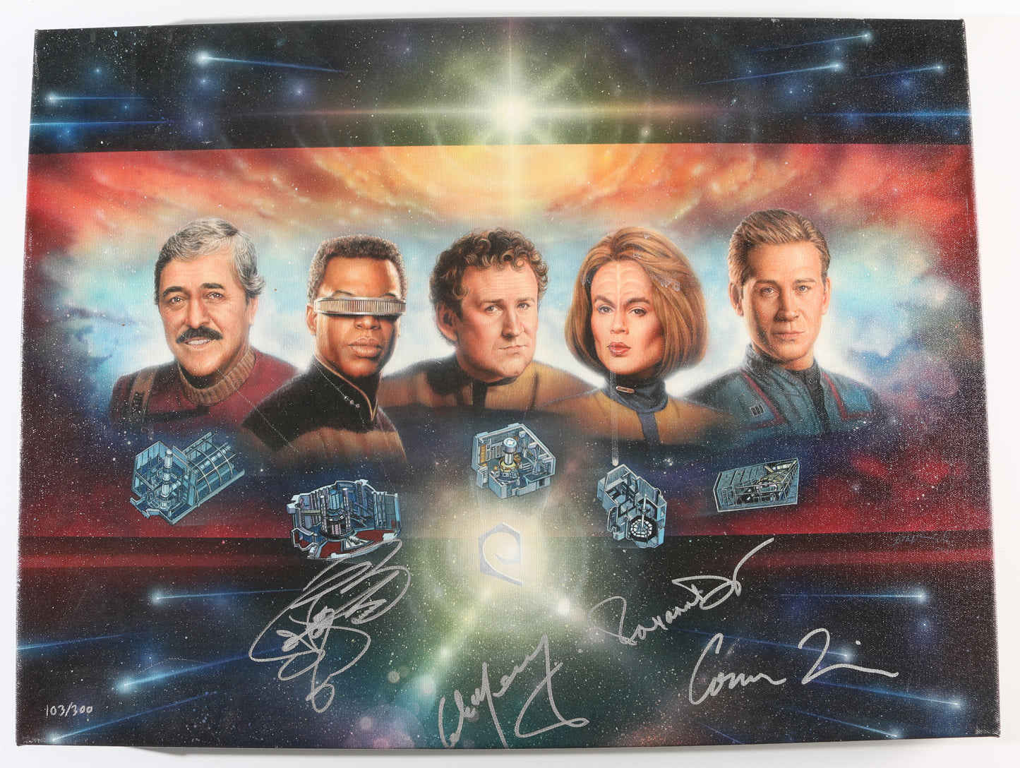 
                  
                    Star Trek: The Five Engineers 24x16 Wrapped Giclee LE #103/300 Cast Signed by LeVar Burton, Colm Meaney, Roxann Dawson, & Connor Trinneer
                  
                