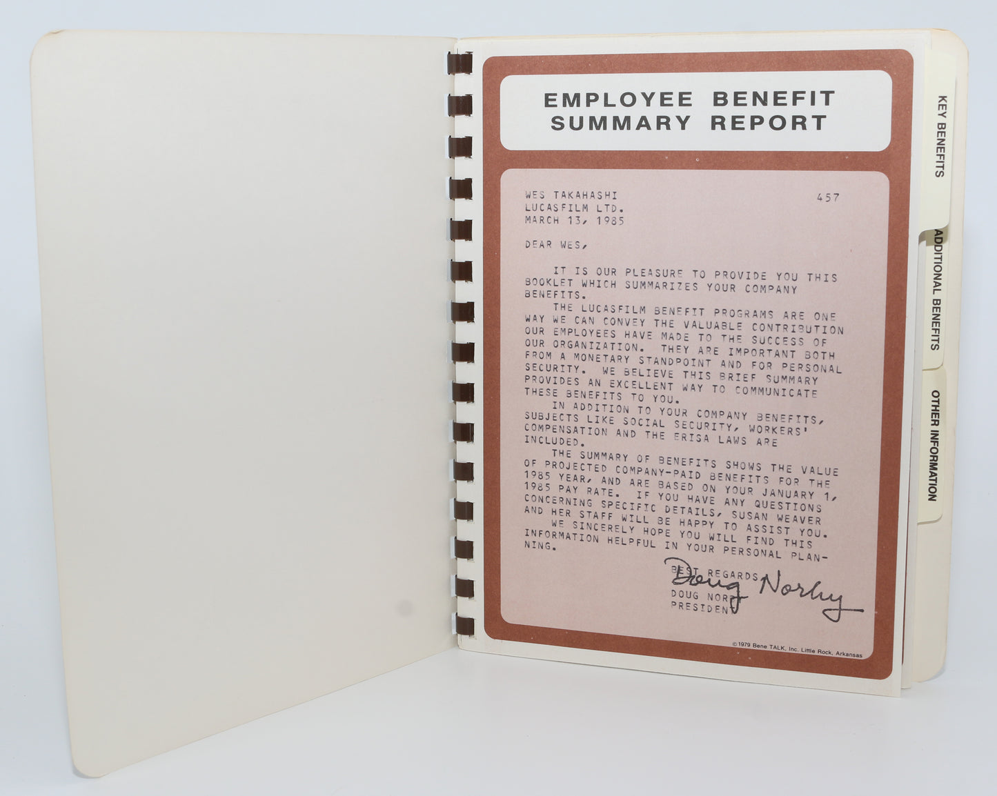 
                  
                    Wes Takahashi Industrial Light & Magic Collection - Lucasfilm Employee Benefit 20 Page Summary Report 1985
                  
                