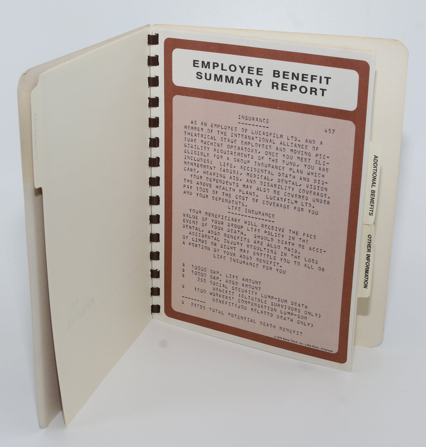 
                  
                    Wes Takahashi Industrial Light & Magic Collection - Lucasfilm Employee Benefit 20 Page Summary Report 1985
                  
                