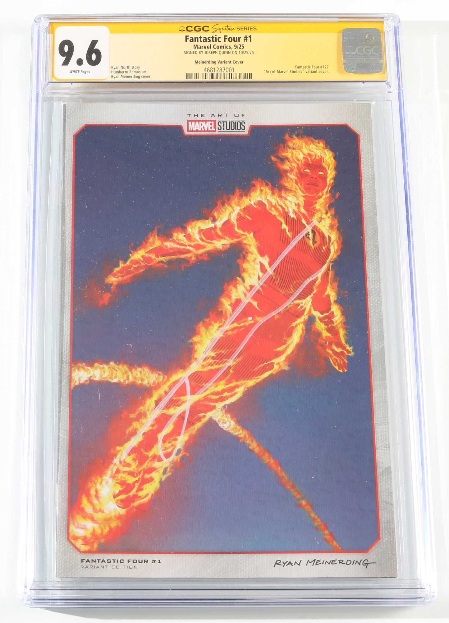 
                  
                    Fantastic Four #1 Ryan Meinerding Variant Cover - Joseph Quinn as Johnny Storm / Human Torch in The Fantastic Four: First Steps (CGC Signature Series 9.6) 2025
                  
                