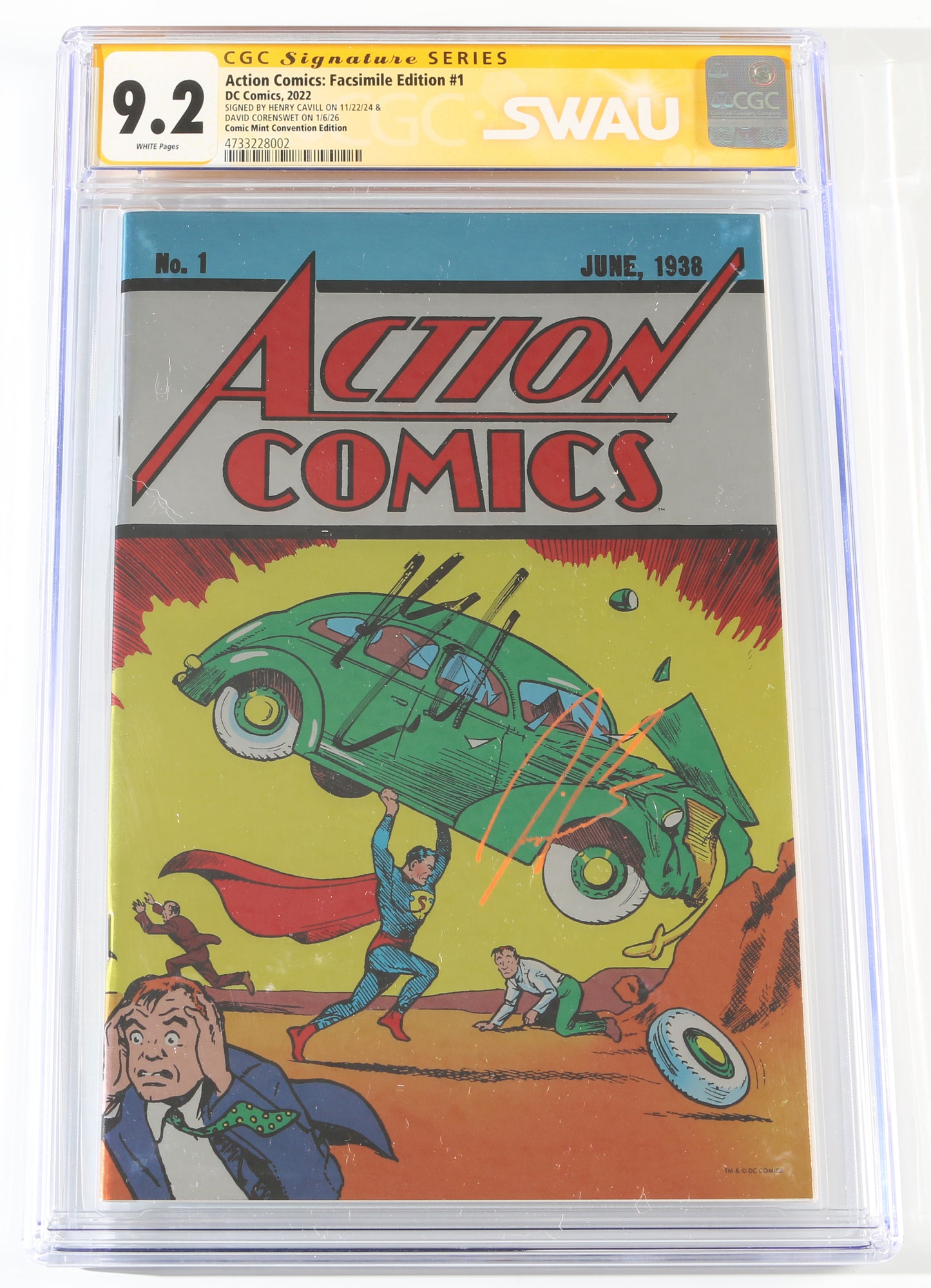 
                  
                    Action Comics: Facsimile Edition #1 Comic Mint Con Exclusive - Henry Cavill as Superman in Superman: Man of Steel & David Corenswet as Superman in James Gunn's Superman (CGC Signature Series 9.2) 2022
                  
                