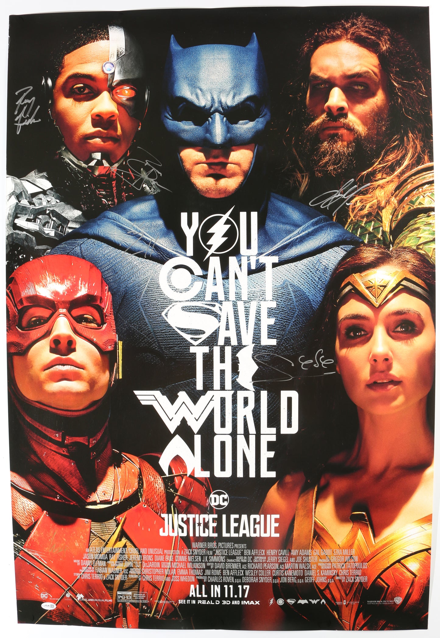 
                  
                    Justice League 27x40 Poster Cast (JSA) Signed by Ben Affleck, Jason Momoa, Gal Gadot, Ray Fisher, Ezra Miller, & Henry Cavill
                  
                