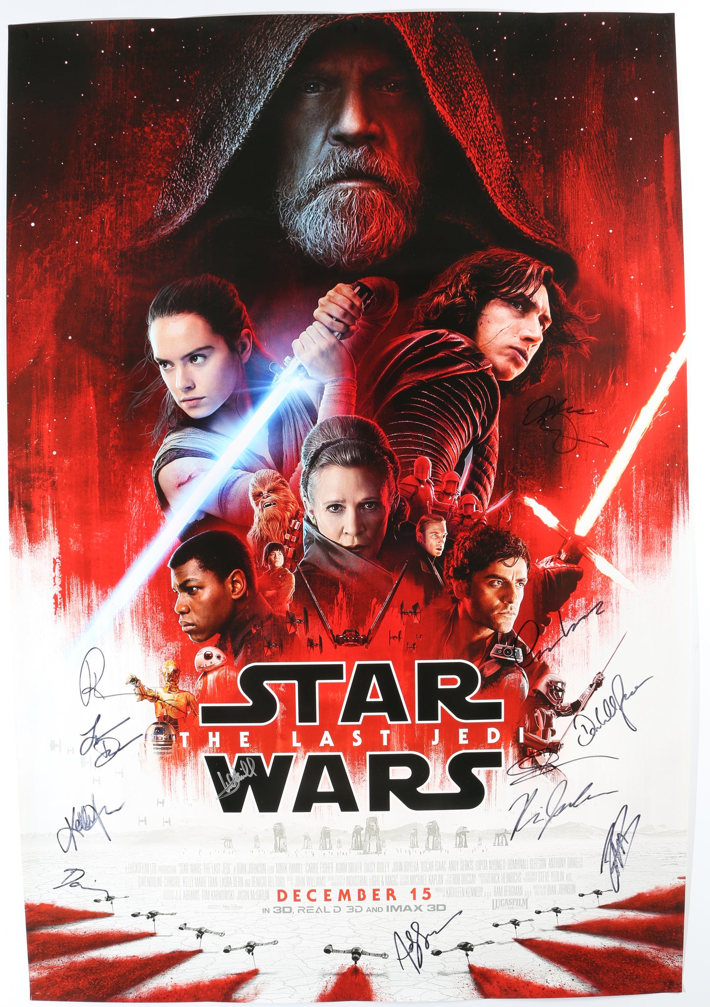 
                  
                    Star Wars: The Last Jedi 27x40 Poster Cast Signed by Daisy Ridley, Adam Driver, Mark Hamill, John Boyega, Oscar Isaac, Gwen Christie, Laura Dern, Domhnall Gleeson, Kelly Marie Tran, Andy Serkis, Ram Bergman, & director: Rian Johnson
                  
                