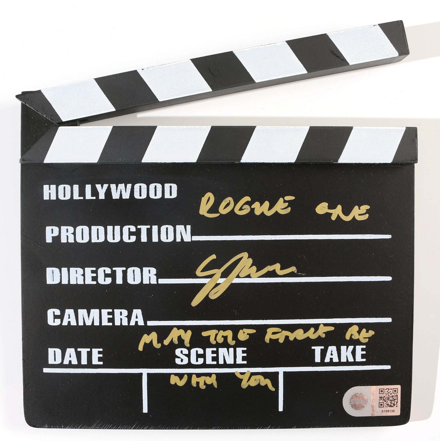 
                  
                    Gareth Edwards Director of Rogue One: A Star Wars Story (SWAU) Signed Prop Replica Mini Clapperboard with Written Movie Title & MTFBWY Quote
                  
                