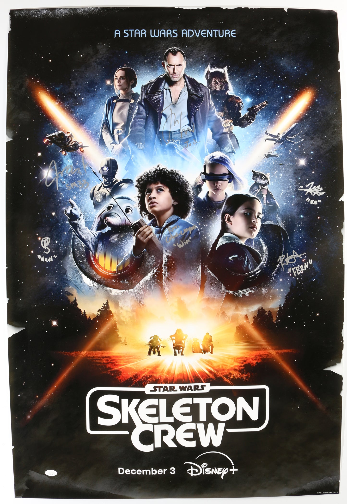 
                  
                    Star Wars: Skeleton Crew (JSA) 27x40 Poster Cast Signed by Jude Law, Ryan Keira Armstrong, Kyriana Kratter, Robert Timothy Smith, Ravi Cabot-Conyers, & Nick Frost
                  
                