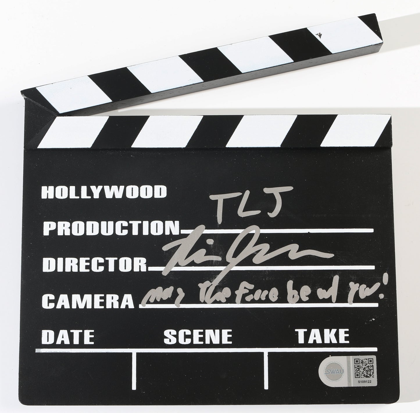 
                  
                    Rian Johnson Director of Star Wars: The Last Jedi (SWAU) Signed Prop Replica Mini Clapperboard with Written Movie Title & MTFBWY Quote
                  
                