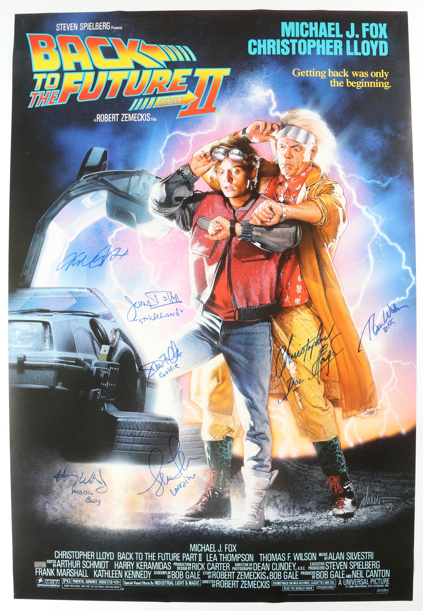 
                  
                    Back to the Future Part II (Celebrity Authentics) 27x40 Poster Cast Signed by Michael J. Fox, Christopher Lloyd, Lea Thompson, Tom Wilson, James Tolkan, Donald Fullilove, & Harry Waters Jr. with Character Names
                  
                