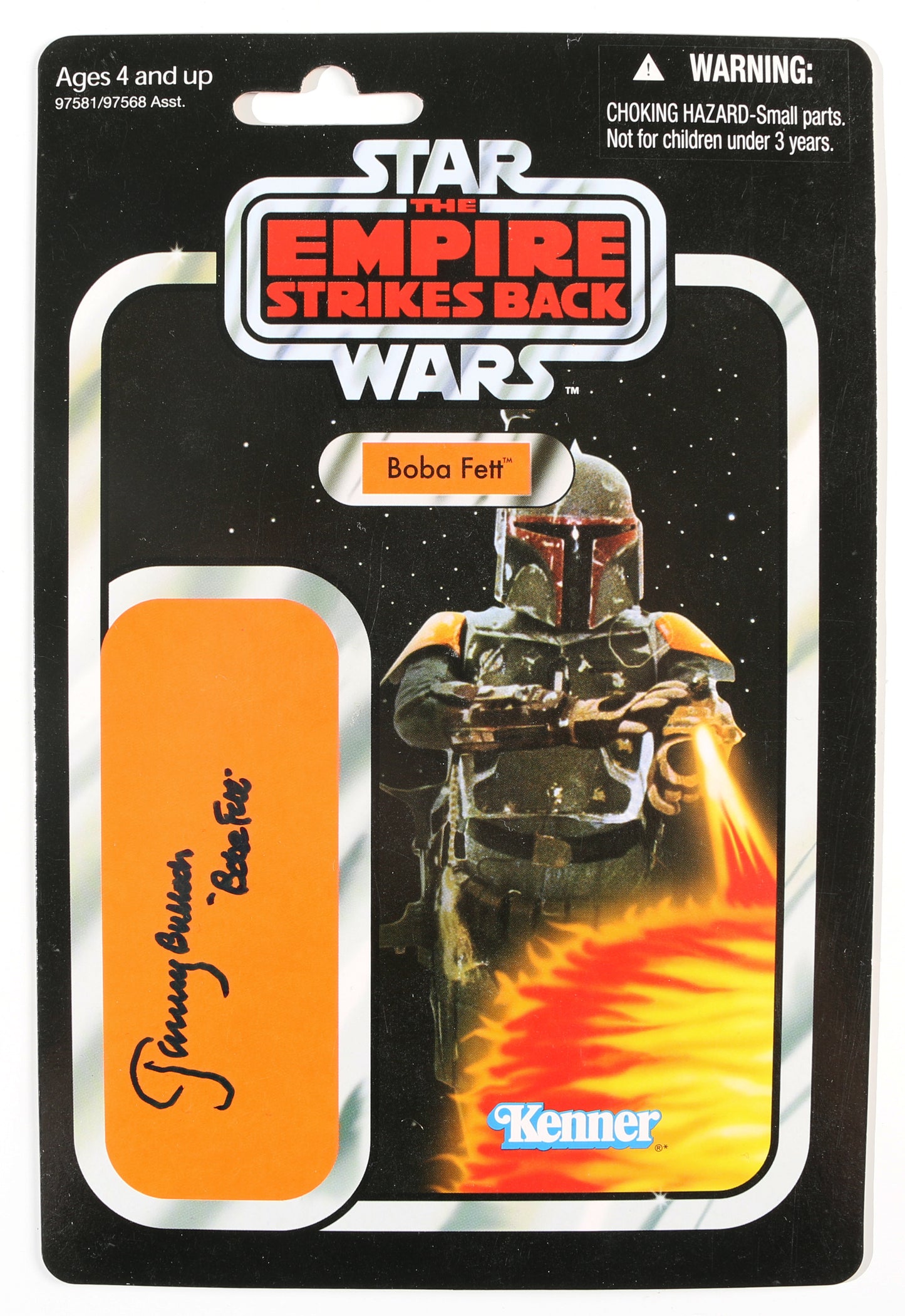 
                  
                    Jeremy Bulloch as Boba Fett in Star Wars: The Empire Strikes Back Signed Kenner Hasbro Vintage Action Figure Reproduction Cardback with Character Name
                  
                