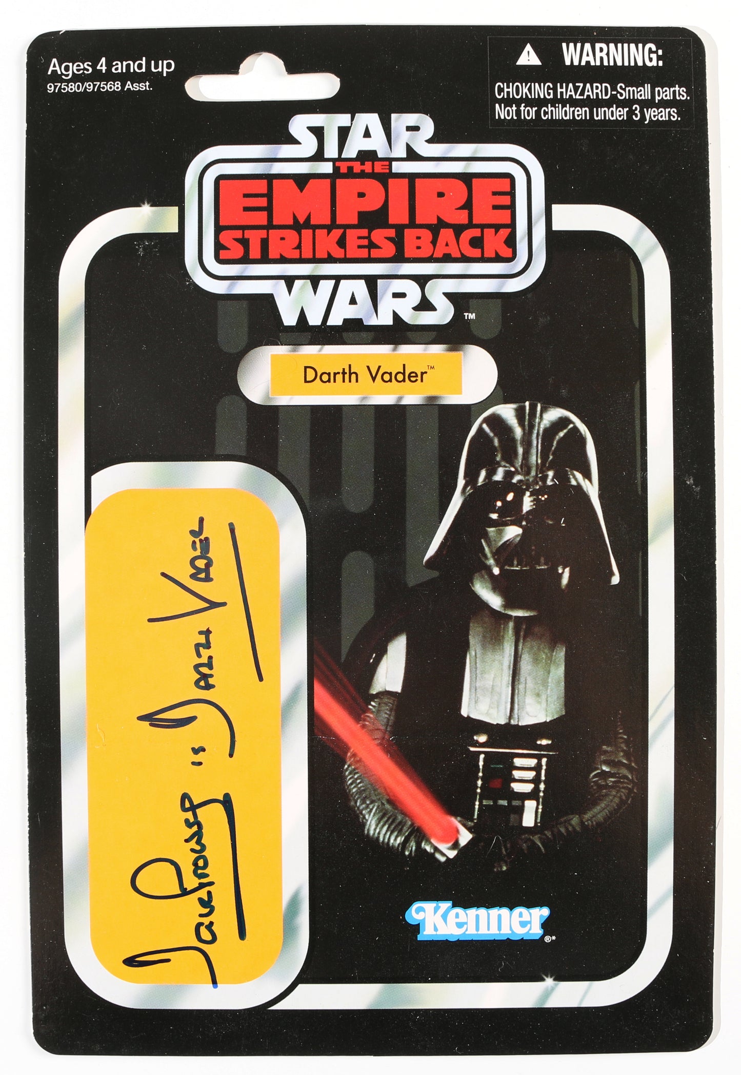 
                  
                    Dave Prowse as Darth Vader in Star Wars: The Empire Strikes Back Signed Kenner Hasbro Vintage Action Figure Reproduction Cardback with Character Name
                  
                