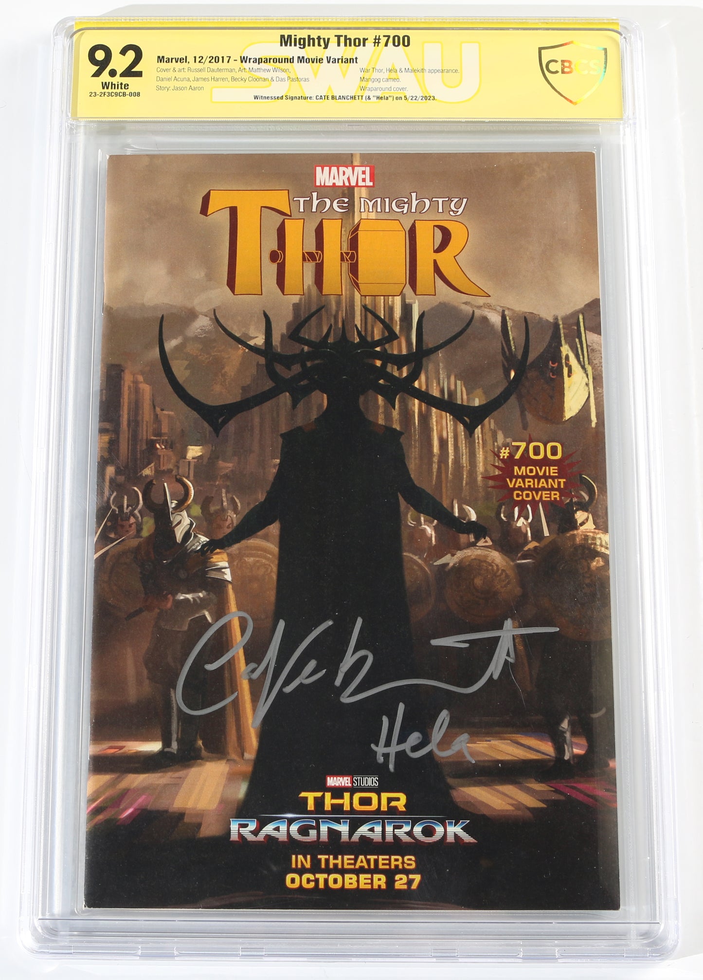 
                  
                    Mighty Thor #700 Movie Cover - Signed by Cate Blanchett as Hela from Thor: Ragnarok (CBCS Signature Series 9.2) 2023 with Character Name
                  
                
