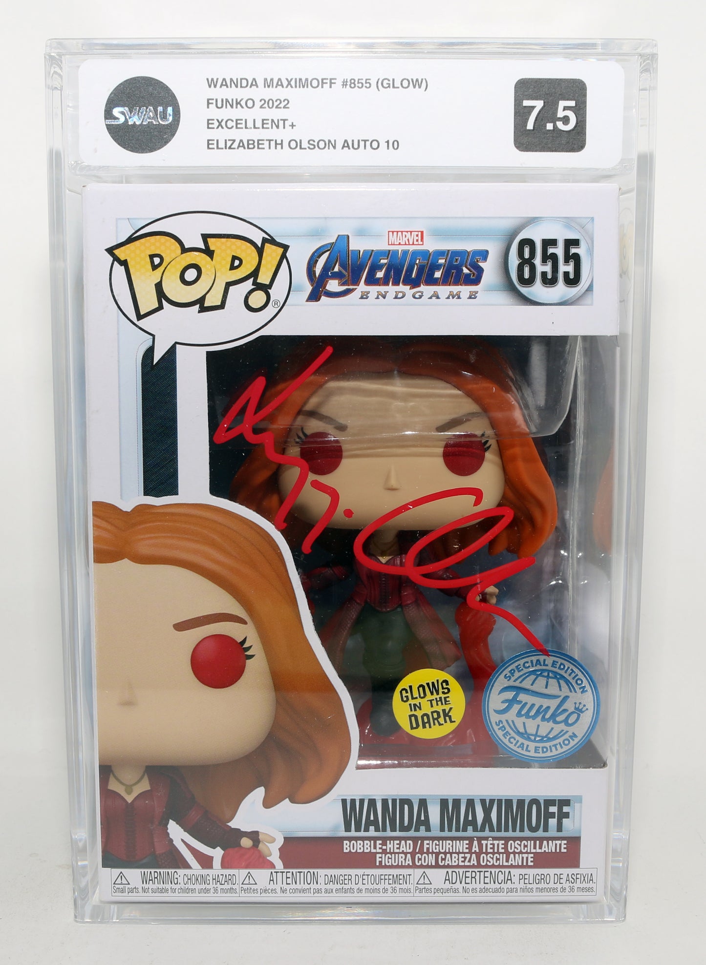 
                  
                    Elizabeth Olsen as Wanda Maximoff in Avengers: Endgame GITD Special Edition (PSA / SWAU Encapsulated Grade 7.5 / Auto 10) Signed Funko POP! #855
                  
                