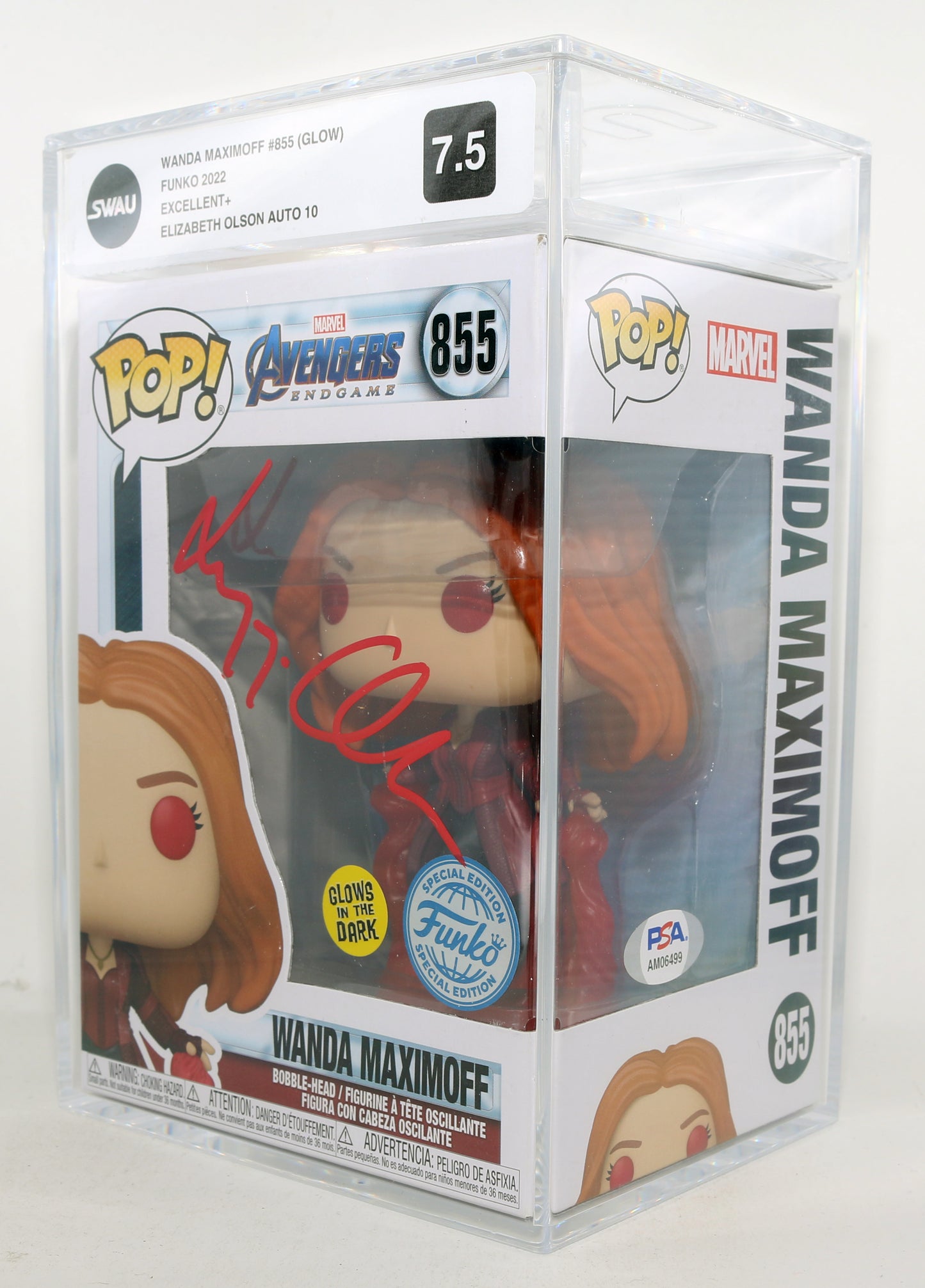 
                  
                    Elizabeth Olsen as Wanda Maximoff in Avengers: Endgame GITD Special Edition (PSA / SWAU Encapsulated Grade 7.5 / Auto 10) Signed Funko POP! #855
                  
                