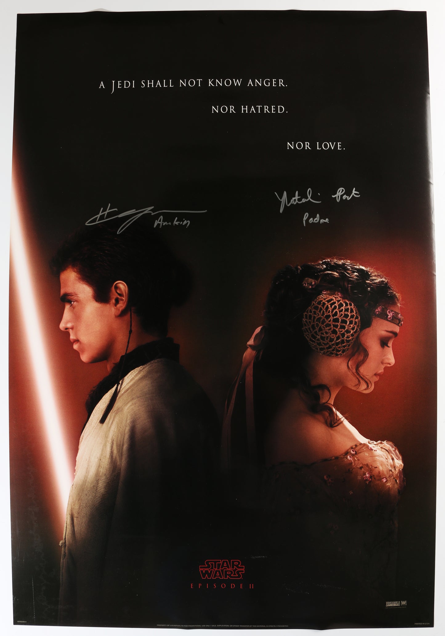 
                  
                    Hayden Christensen as Anakin Skywalker & Natalie Portman as Padme Amidala in Star Wars Episode II: Attack of the Clones (SWAU) Signed 27x40 Poster with Character Names
                  
                