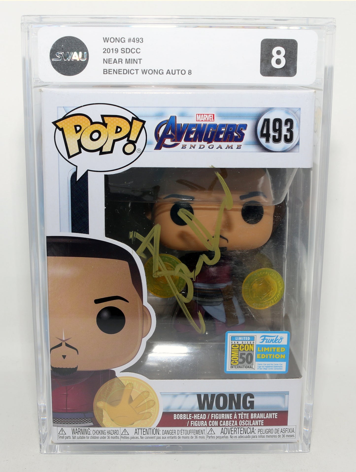 
                  
                    Benedict Wong as Wong in Avengers: Endgame SDCC 2019 Limited Edition (JSA / SWAU Encapsulated Grade 8 / Auto 8) Signed Funko POP! #493
                  
                