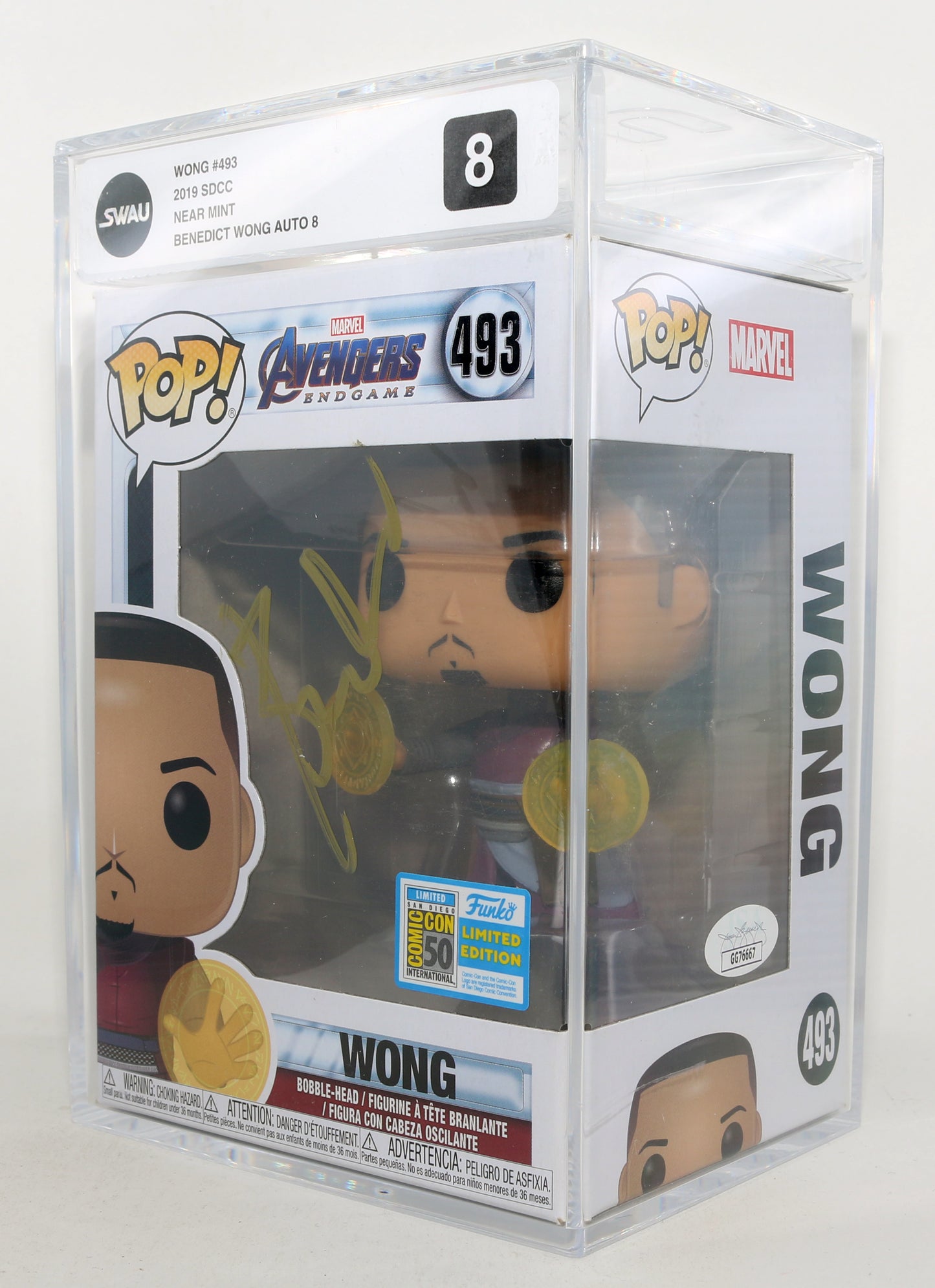 
                  
                    Benedict Wong as Wong in Avengers: Endgame SDCC 2019 Limited Edition (JSA / SWAU Encapsulated Grade 8 / Auto 8) Signed Funko POP! #493
                  
                