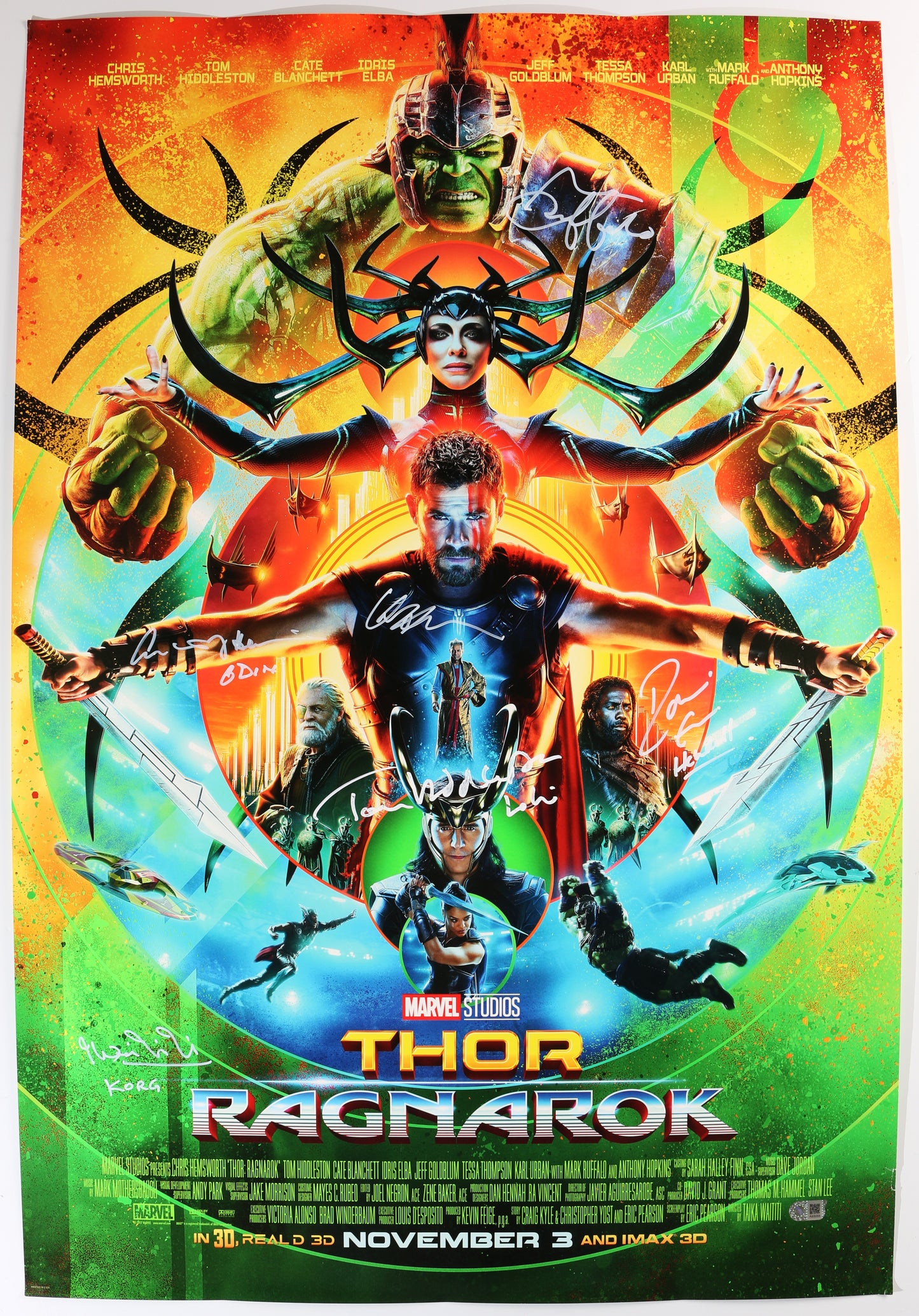 
                  
                    Thor: Ragnarok 27x40 Poster (SWAU) Cast Signed by Chris Hemsworth, Tom Hiddleston, Idris Elba, Mark Ruffalo, Taika Waititi, & Anthony Hopkins with Character Names
                  
                