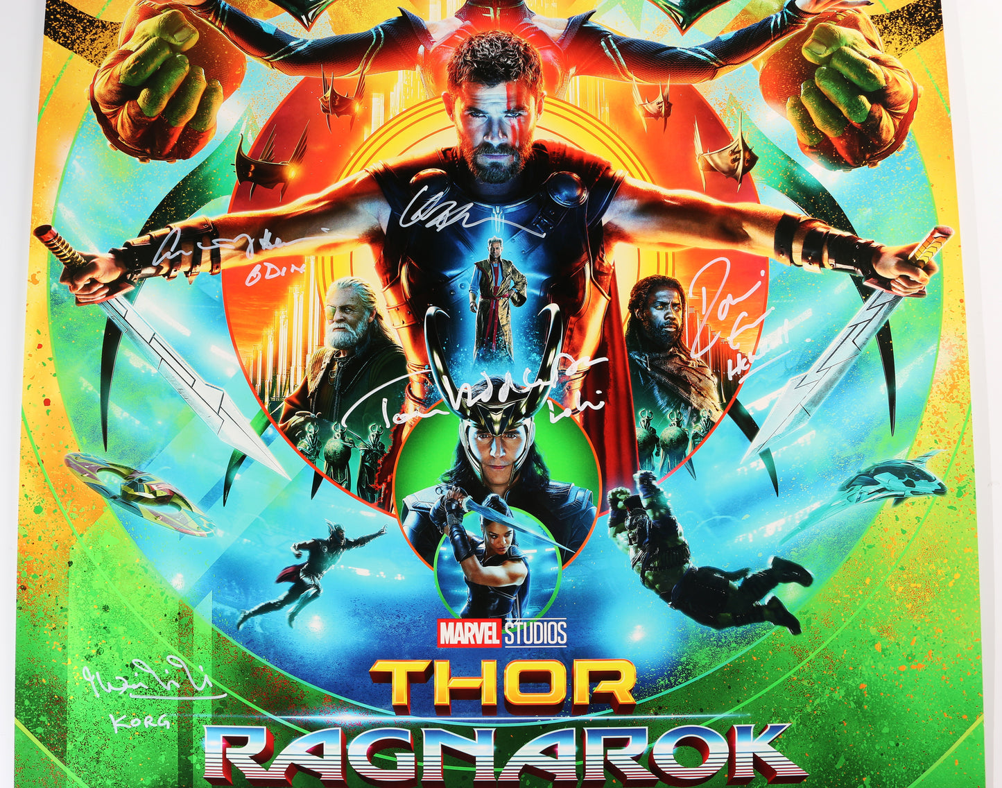 
                  
                    Thor: Ragnarok 27x40 Poster (SWAU) Cast Signed by Chris Hemsworth, Tom Hiddleston, Idris Elba, Mark Ruffalo, Taika Waititi, & Anthony Hopkins with Character Names
                  
                