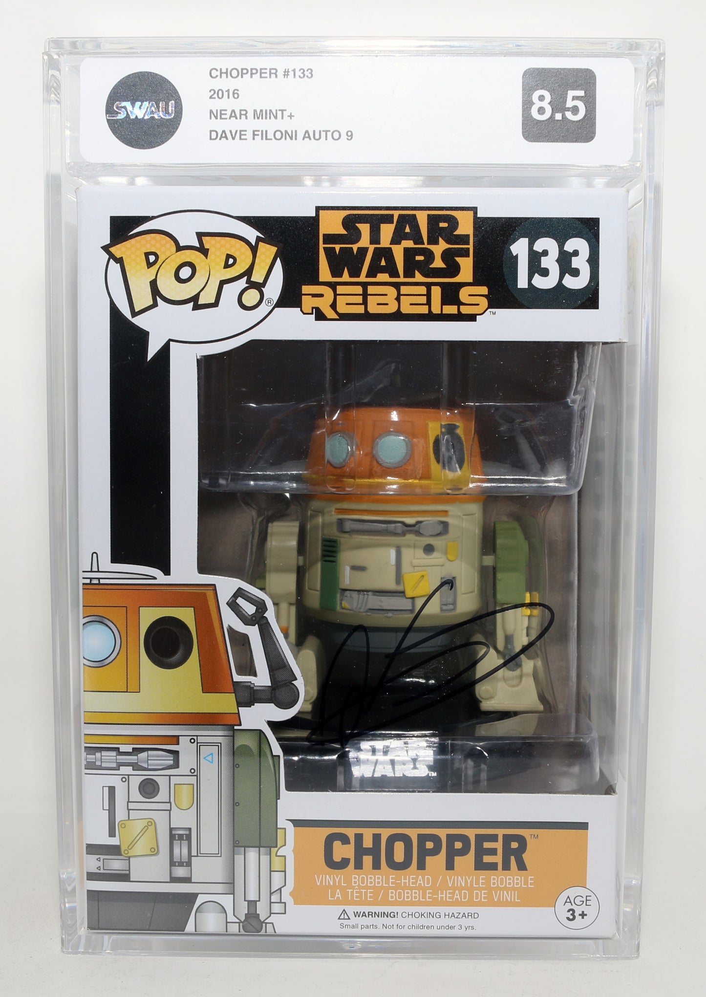 
                  
                    Dave Filoni as Chopper in Star Wars: Rebels (Beckett / SWAU Encapsulated Grade 8.5 / Auto 9) Signed Funko POP! #133
                  
                