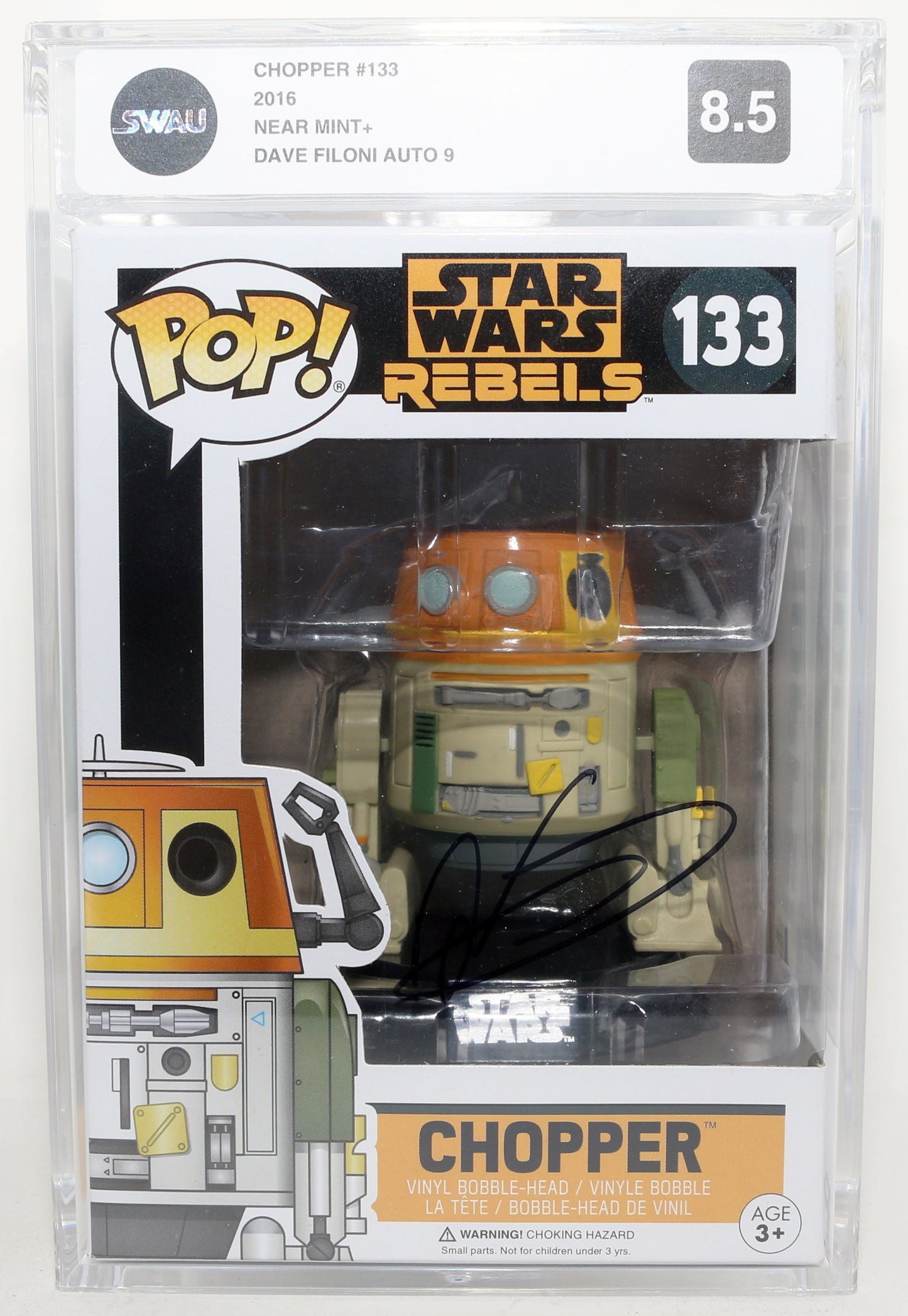 
                  
                    Dave Filoni as Chopper / Creator of Star Wars: Rebels (Beckett / SWAU Encapsulated Grade 8.5 / Auto 9) Signed Funko POP! #133
                  
                