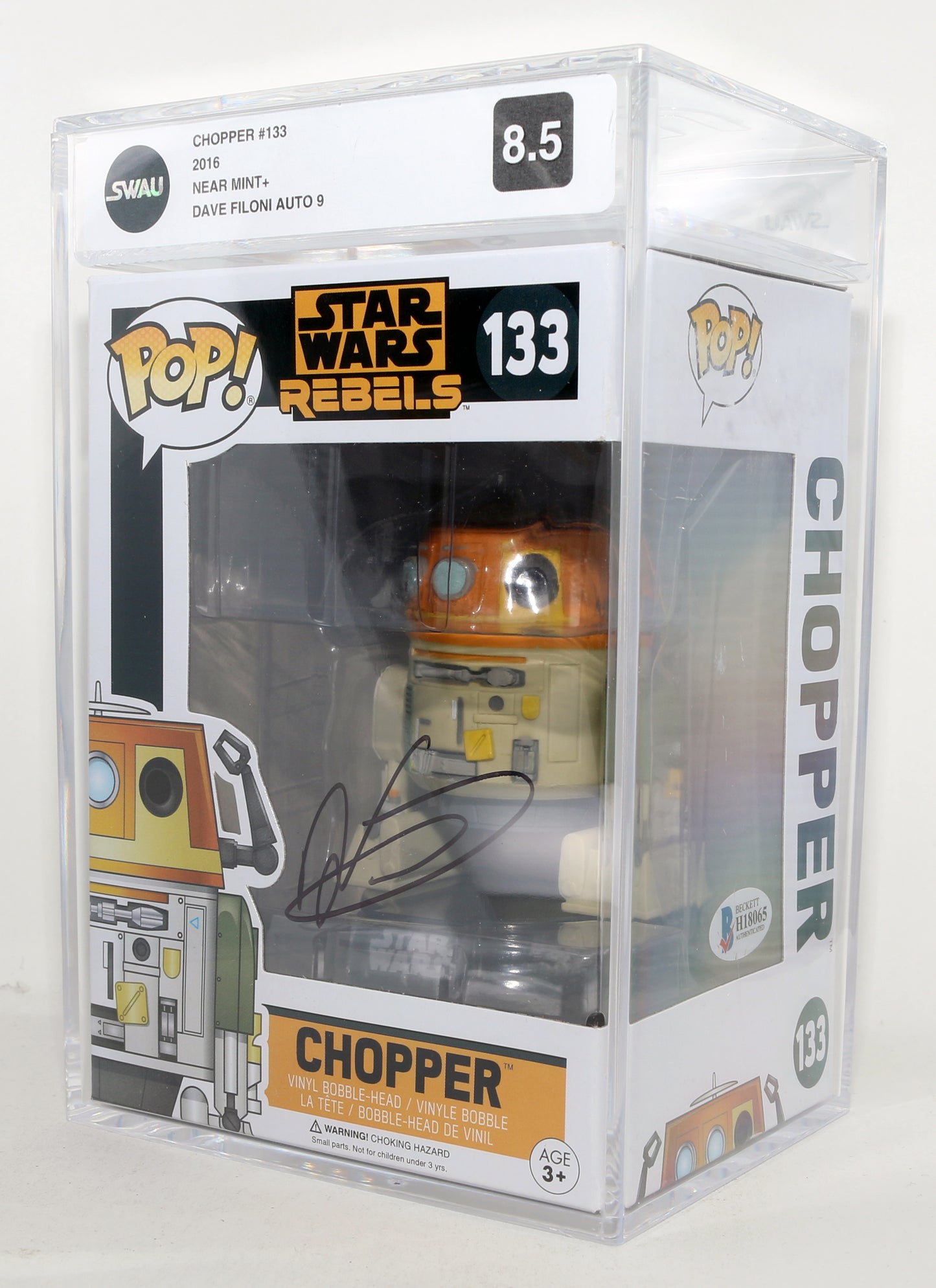 
                  
                    Dave Filoni as Chopper in Star Wars: Rebels (Beckett / SWAU Encapsulated Grade 8.5 / Auto 9) Signed Funko POP! #133
                  
                