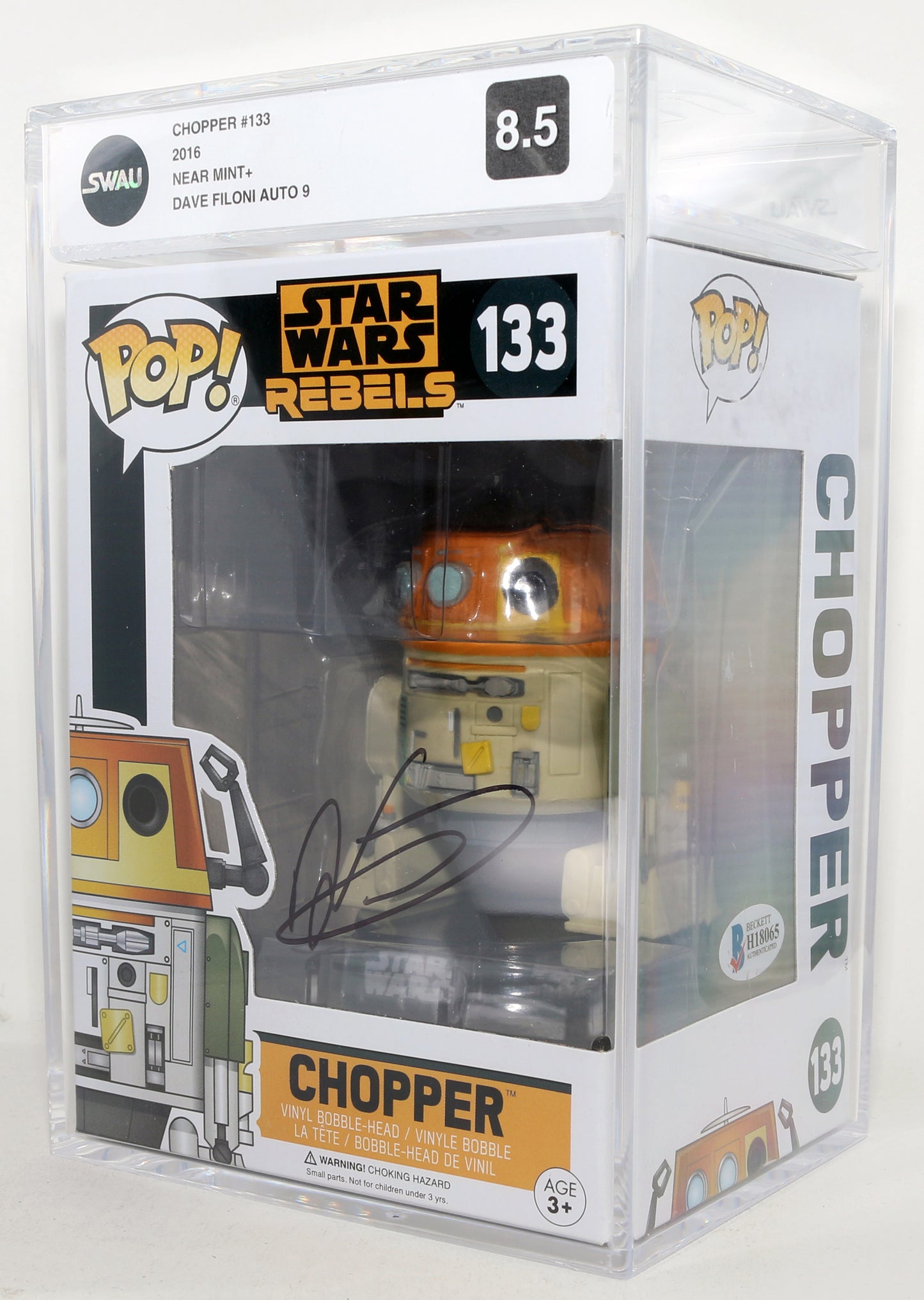 
                  
                    Dave Filoni as Chopper / Creator of Star Wars: Rebels (Beckett / SWAU Encapsulated Grade 8.5 / Auto 9) Signed Funko POP! #133
                  
                