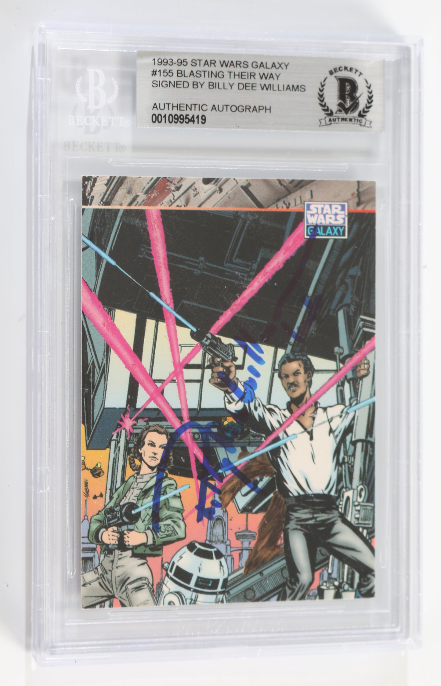 
                  
                    Billy Dee Williams as Lando in Star Wars: The Empire Strikes Back Blasting Their Way #155 (Beckett Slabbed) Signed 2.5x3.5 1993-95 Topps Star Wars Galaxy Trading Card
                  
                