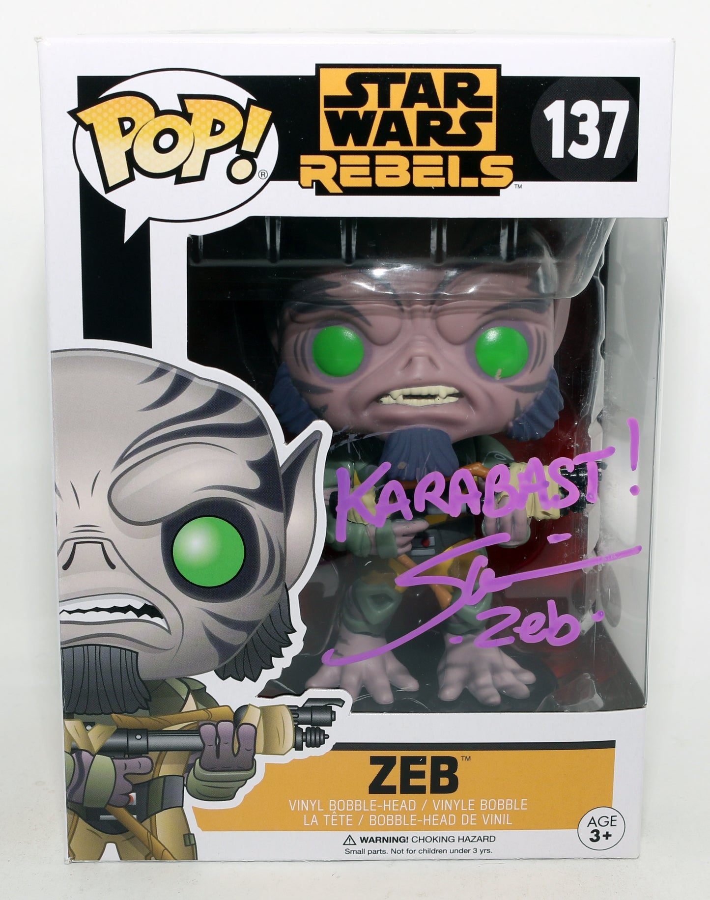 
                  
                    Steve Blum as Zeb Orrelios in Star Wars: Rebels (JSA) Signed Funko POP! #137 with Character Name & Quote
                  
                