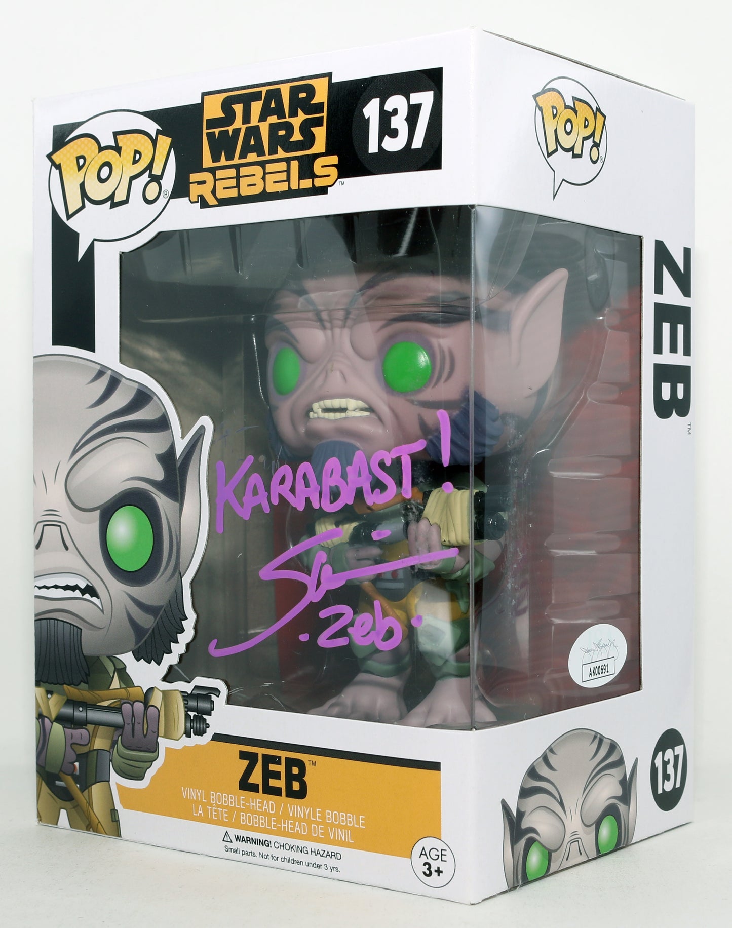 
                  
                    Steve Blum as Zeb Orrelios in Star Wars: Rebels (JSA) Signed Funko POP! #137 with Character Name & Quote
                  
                
