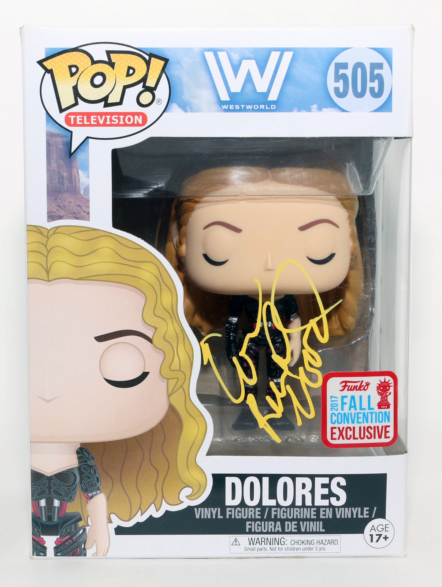 
                  
                    Evan Rachel Wood as Dolores Abernathy in Westworld 2017 Fall Convention Exclusive (PSA) Signed Funko POP! #505
                  
                