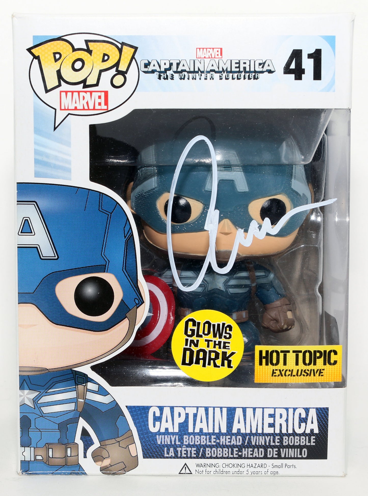 
                  
                    Chris Evans as Captain America in Captain America: The Winter Soldier GITD Hot Topic Exclusive (SWAU) Signed Funko POP! #41
                  
                