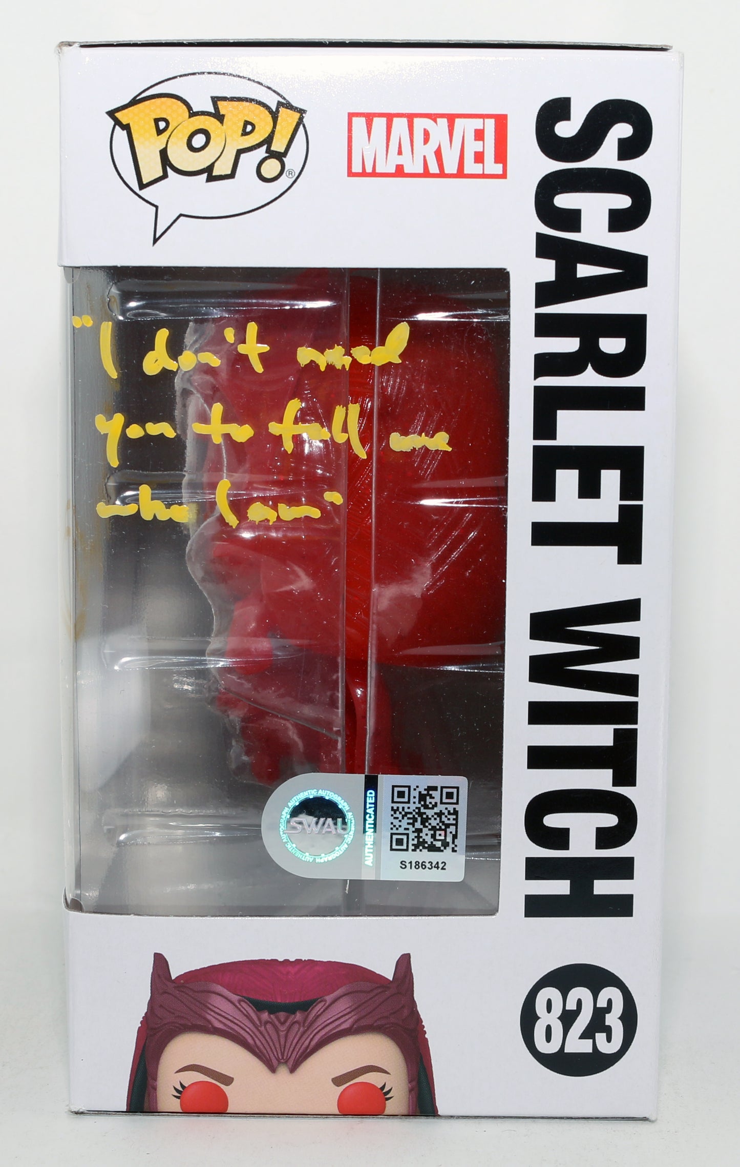 
                  
                    Elizabeth Olsen as Scarlet Witch in WandaVision GITD (SWAU) Signed Funko POP! #823 with Quote
                  
                
