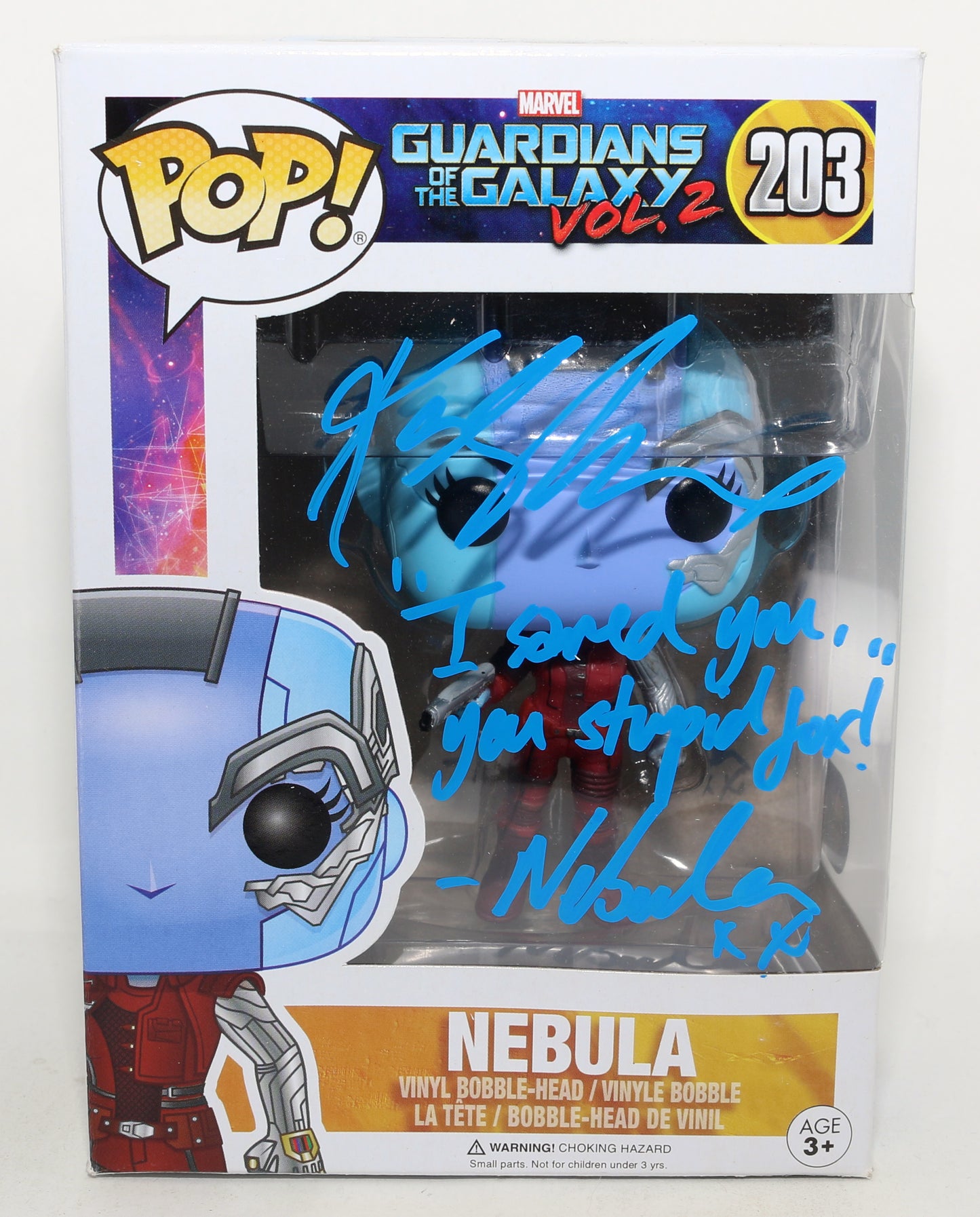 
                  
                    Karen Gillan as Nebula in Guardians of the Galaxy Vol. 2 (SWAU) Signed Funko POP! #203 with Character Name & Quote
                  
                