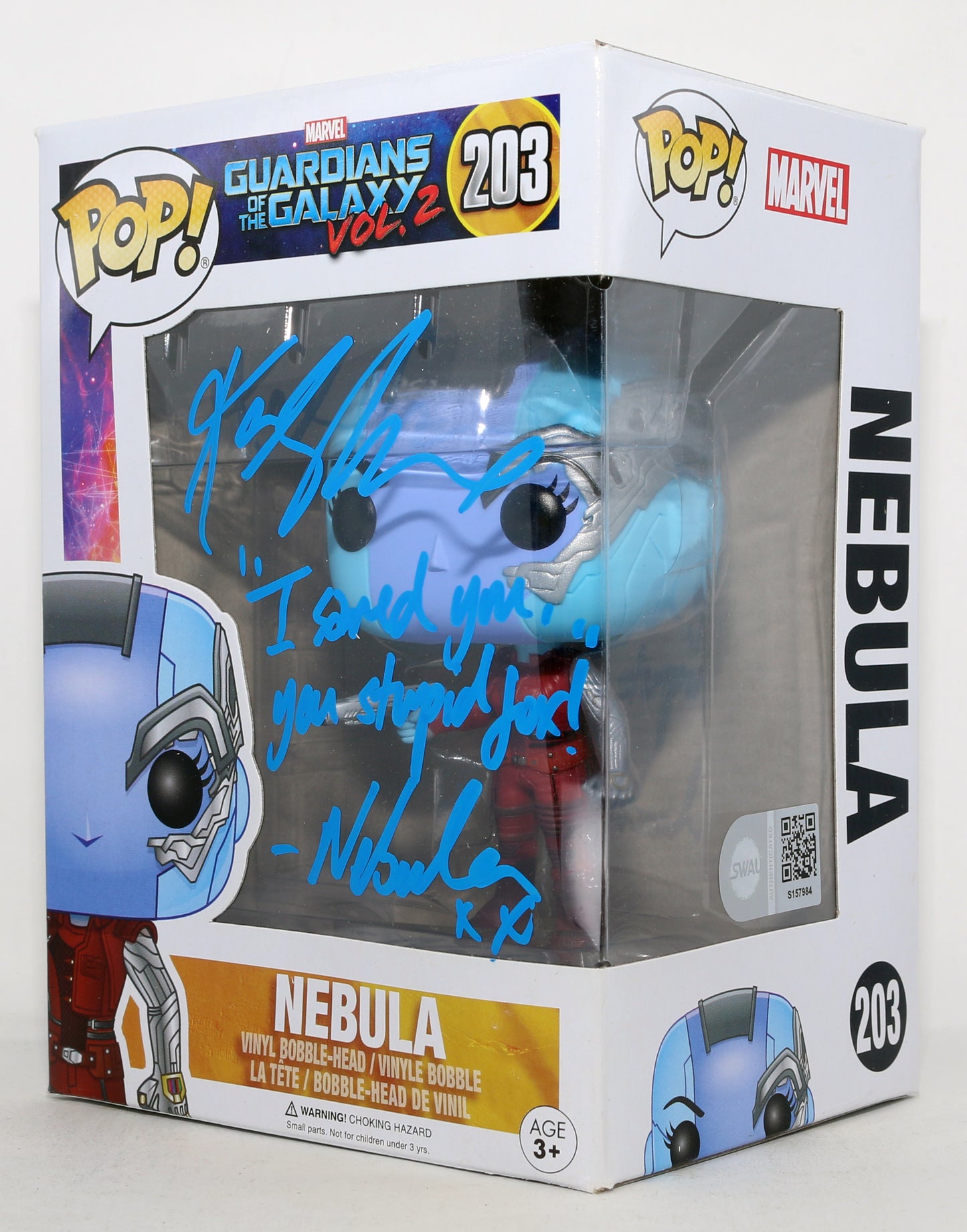 
                  
                    Karen Gillan as Nebula in Guardians of the Galaxy Vol. 2 (SWAU) Signed Funko POP! #203 with Character Name & Quote
                  
                