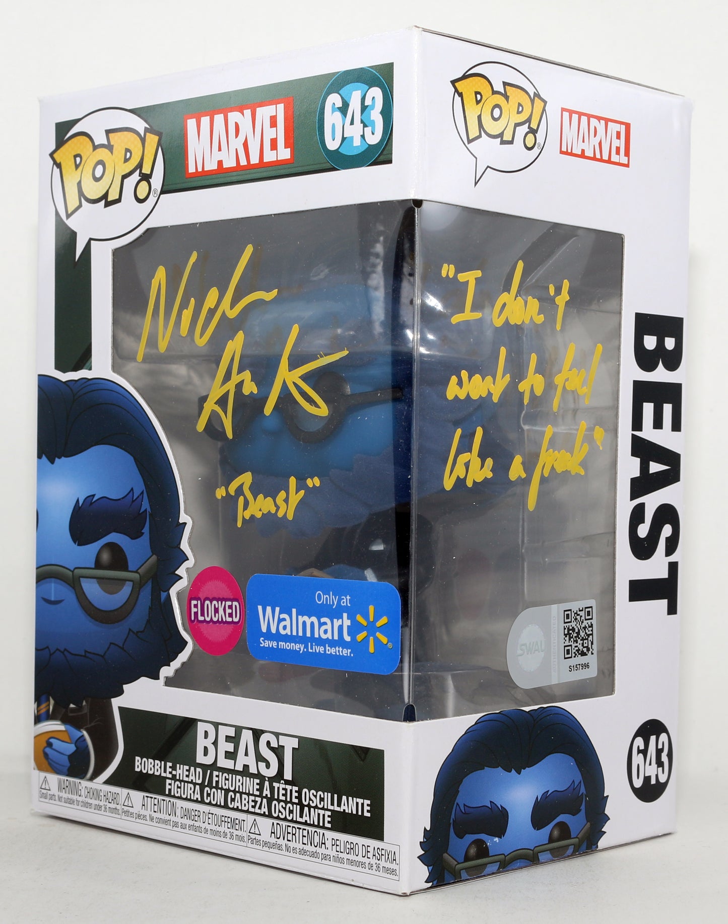 
                  
                    Nicholas Hoult as Beast in X-Men Flocked Walmart Exclusive (SWAU) Signed Funko POP! #643 with Character Name & Quote
                  
                