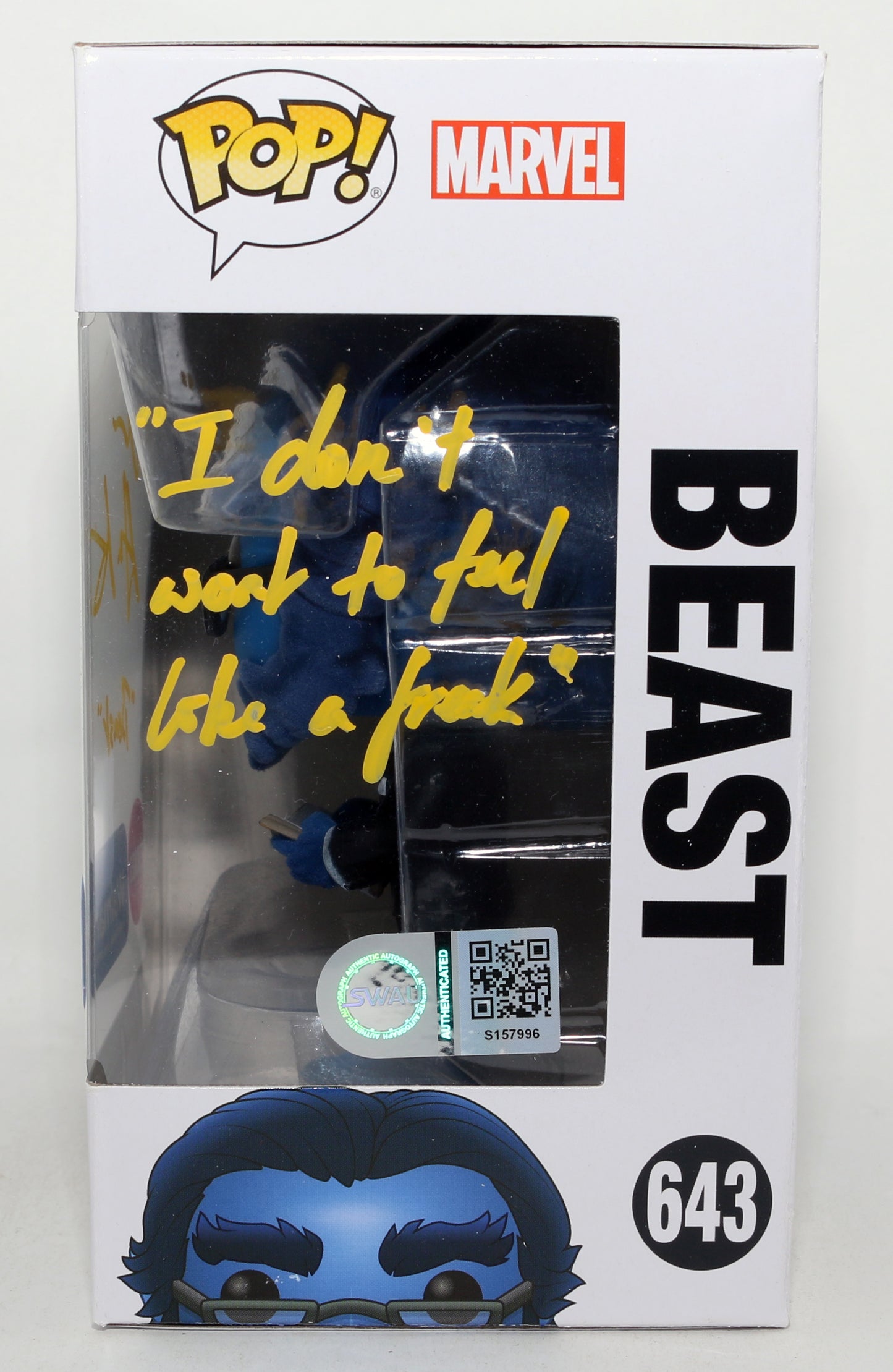 
                  
                    Nicholas Hoult as Beast in X-Men Flocked Walmart Exclusive (SWAU) Signed Funko POP! #643 with Character Name & Quote
                  
                