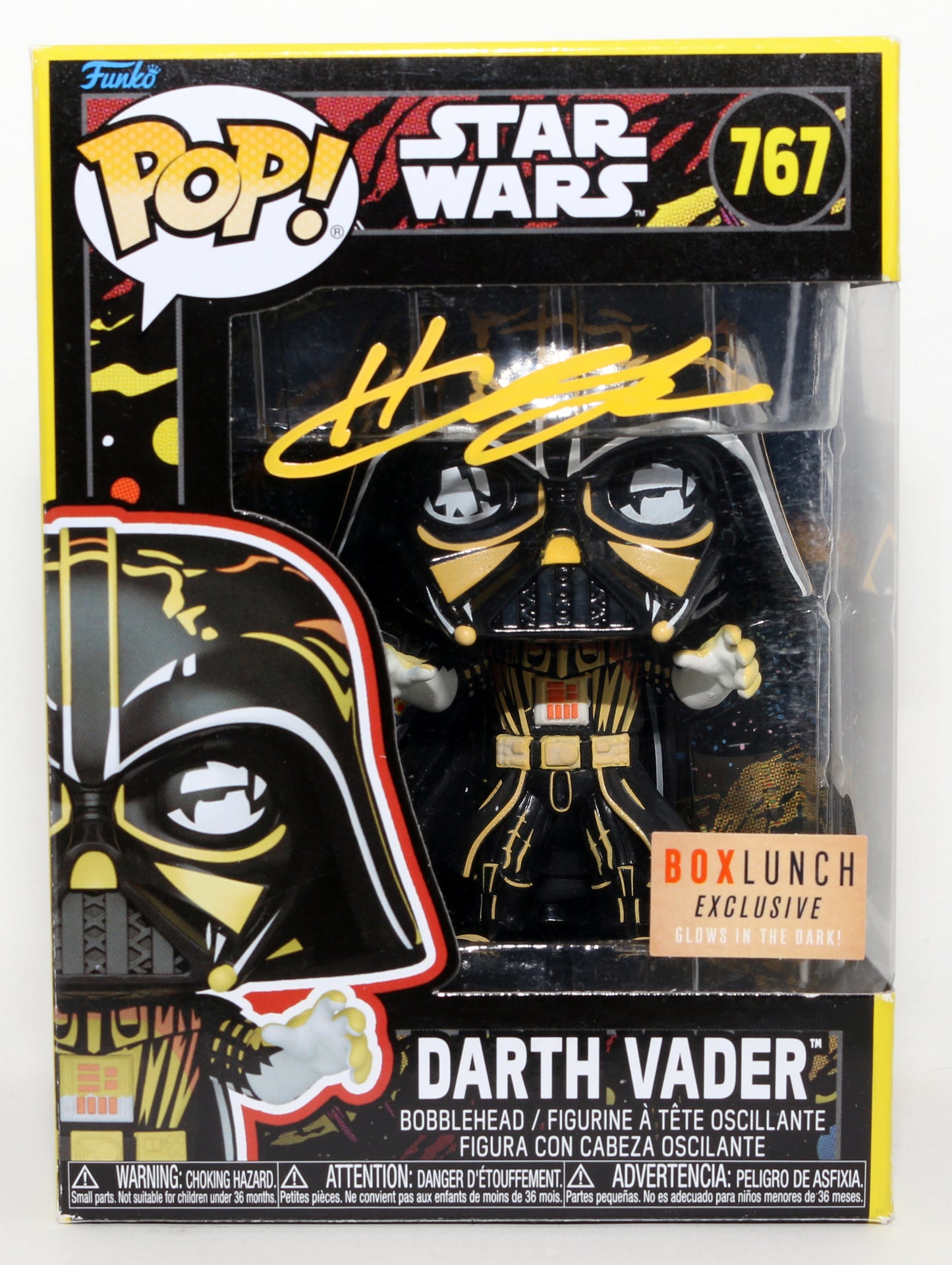 
                  
                    Hayden Christensen as Darth Vader in Star Wars GITD Box Lunch Exclusive (Beckett) Signed Funko POP! #767
                  
                